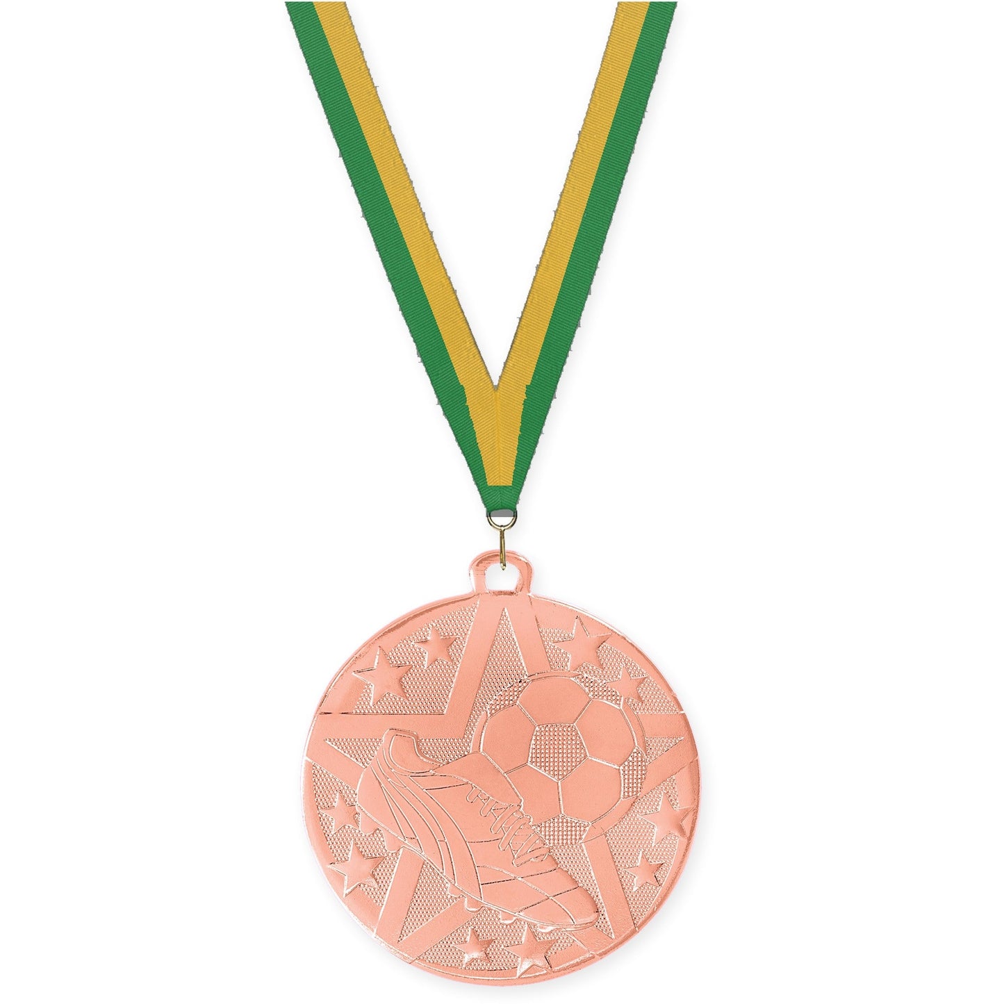 2 inch soccer Superstar medal in bronze with Green Gold neck ribbon