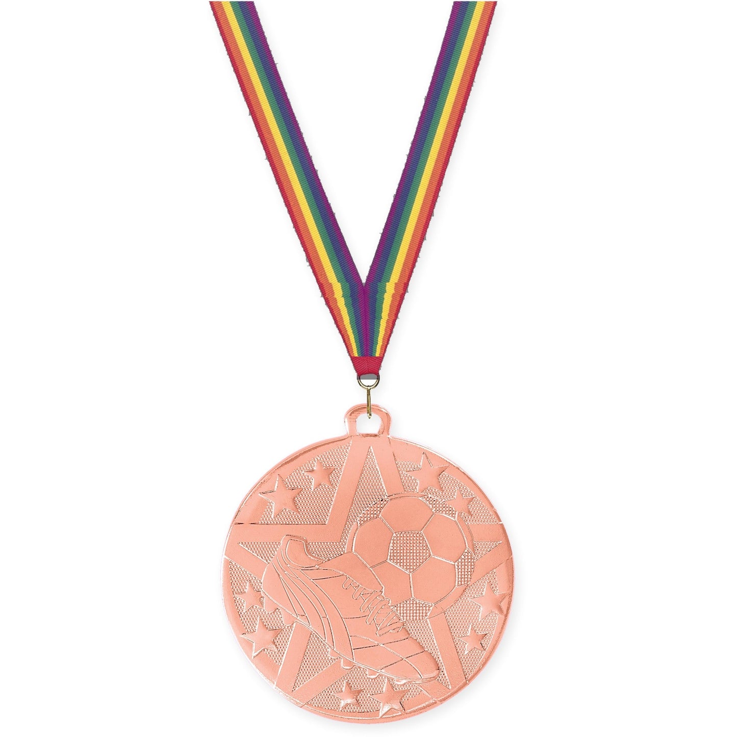 2 inch soccer Superstar medal in bronze with Rainbow neck ribbon