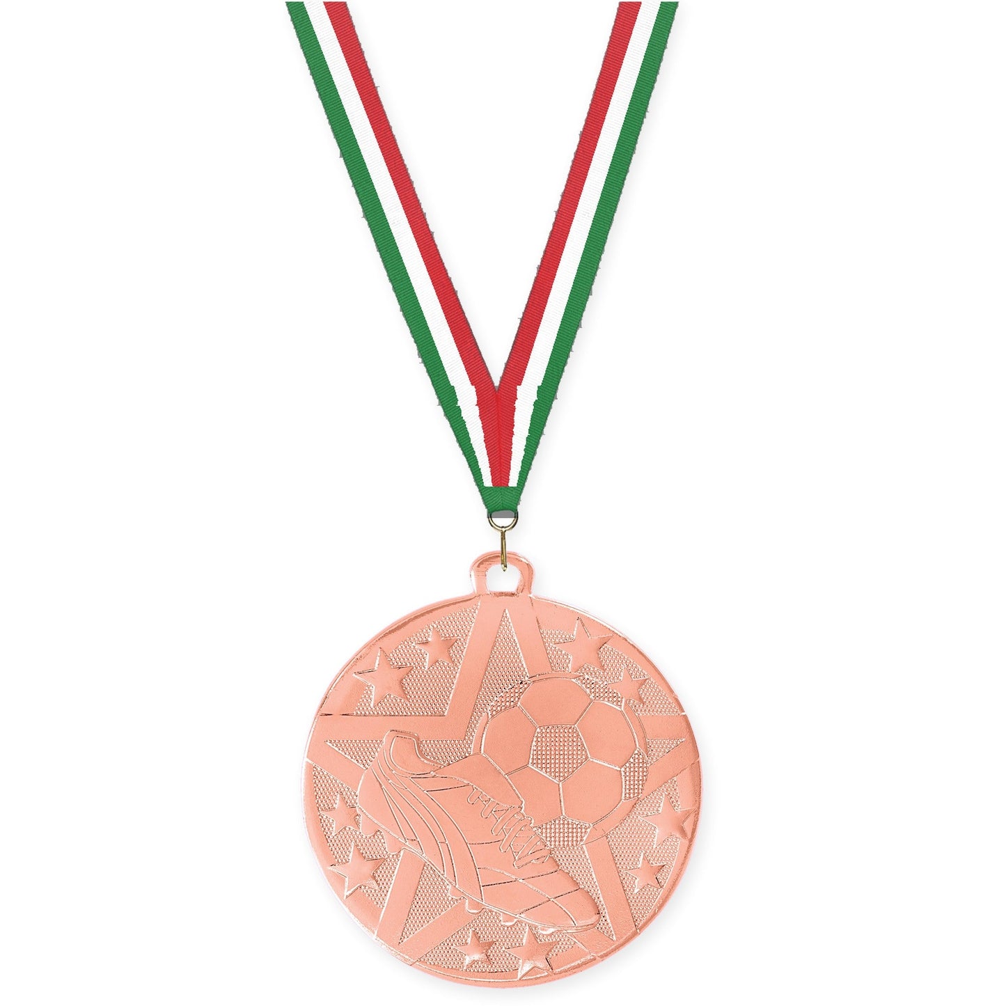 2 inch soccer Superstar medal in bronze with Green White Red neck ribbon
