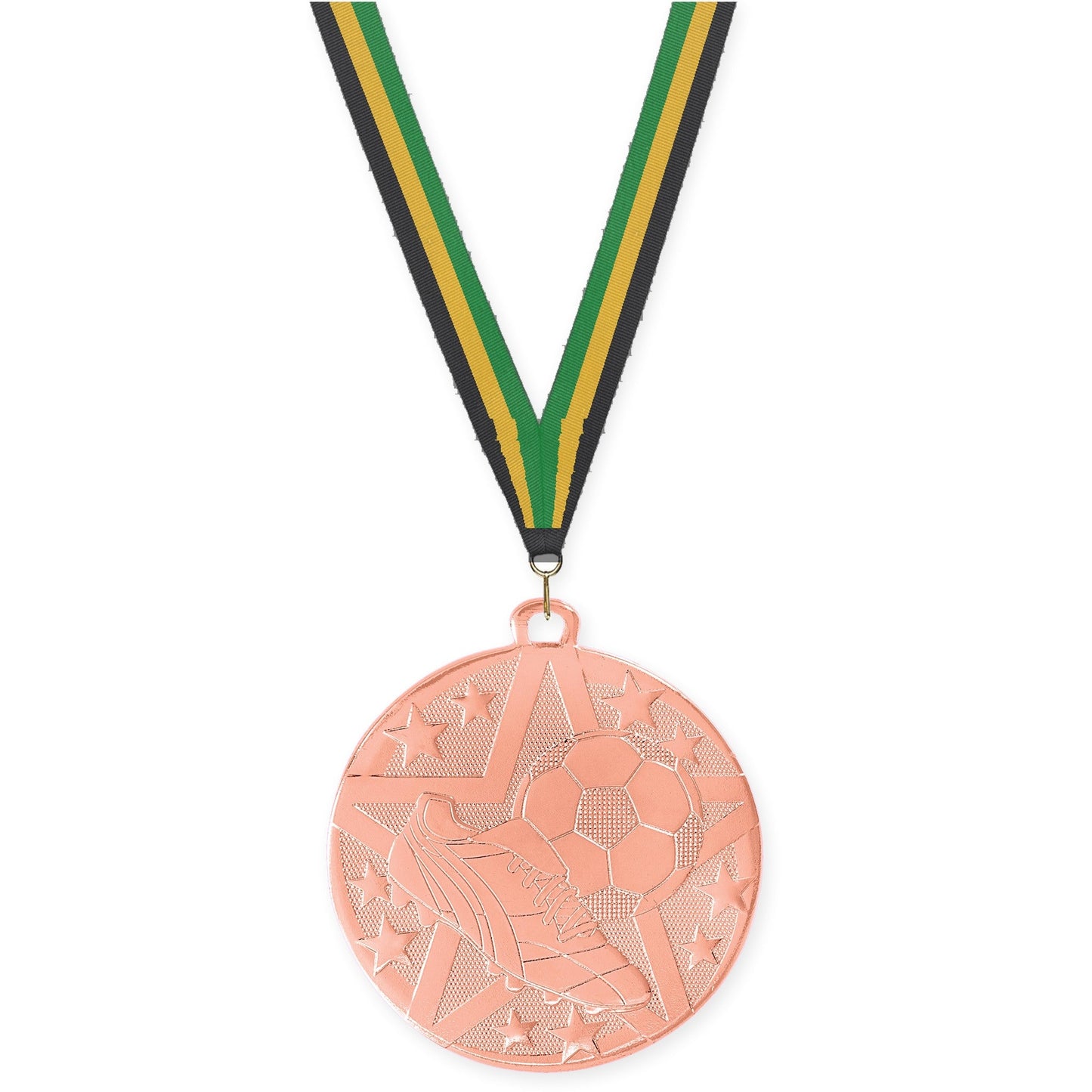 2 inch soccer Superstar medal in bronze with Black Gold Green neck ribbon