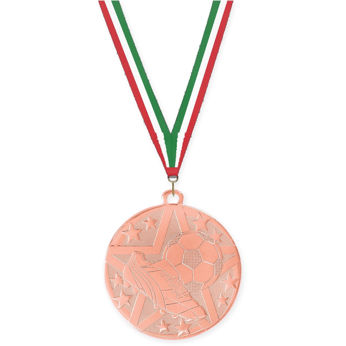 2 inch soccer Superstar medal in bronze with Red White Green neck ribbon