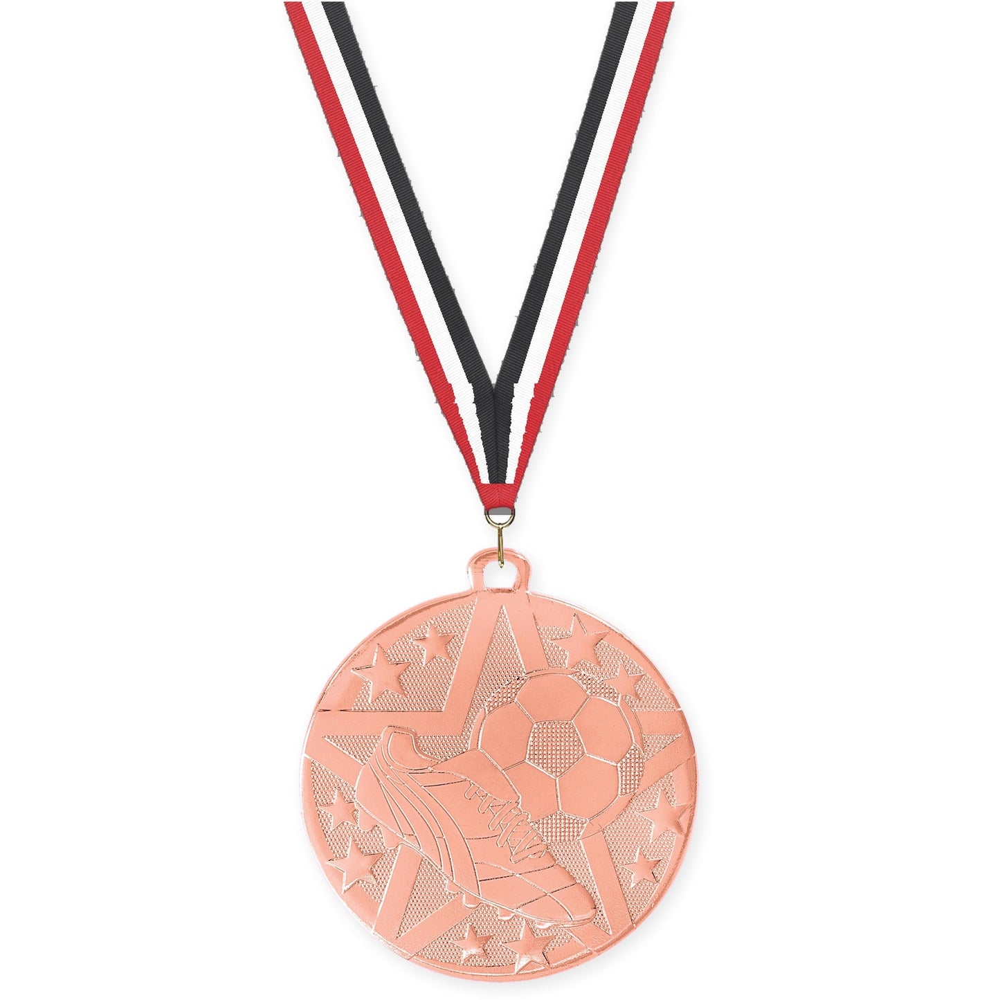 2 inch soccer Superstar medal in bronze with Red White Black neck ribbon