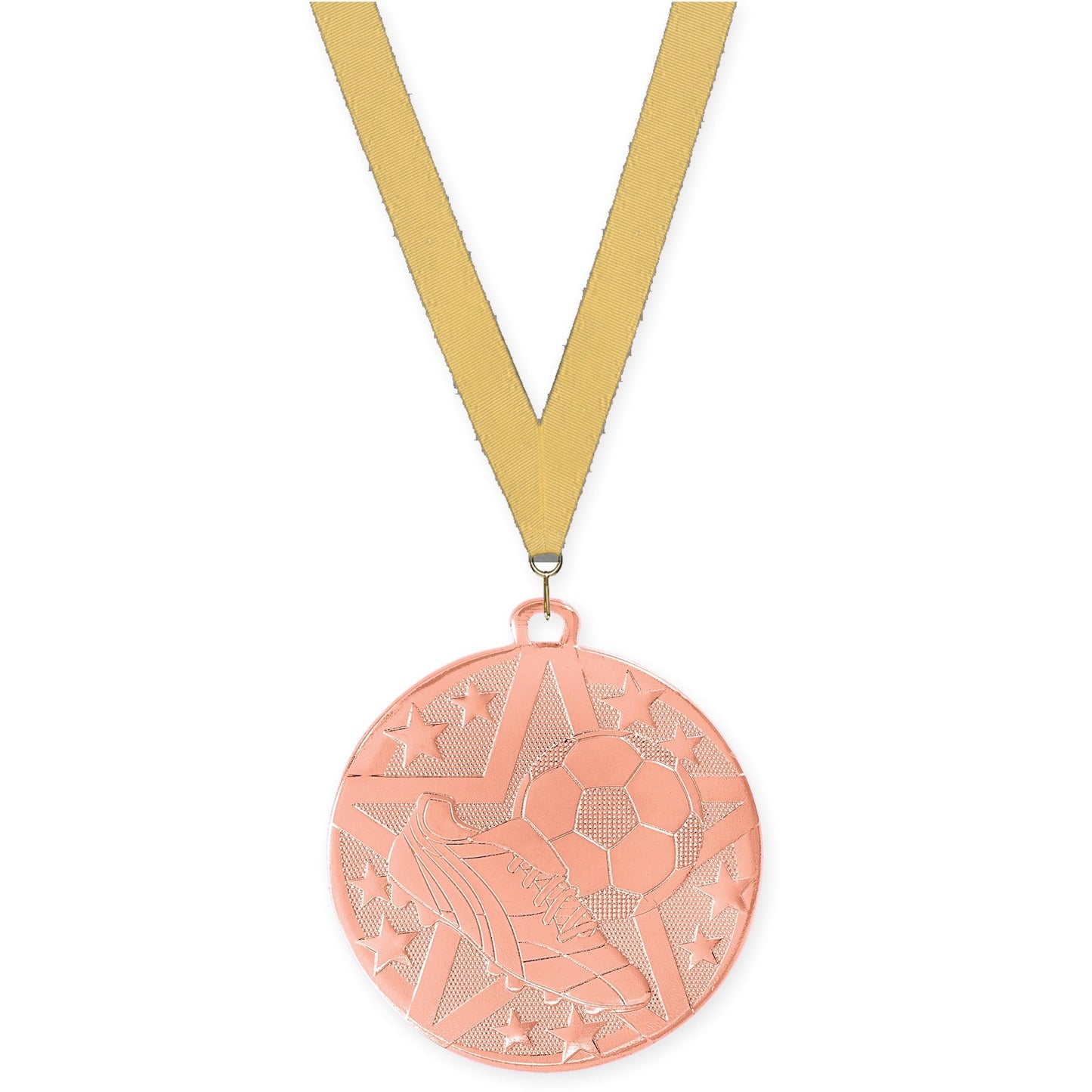 2 inch soccer Superstar medal in bronze with Gold Metallic neck ribbon