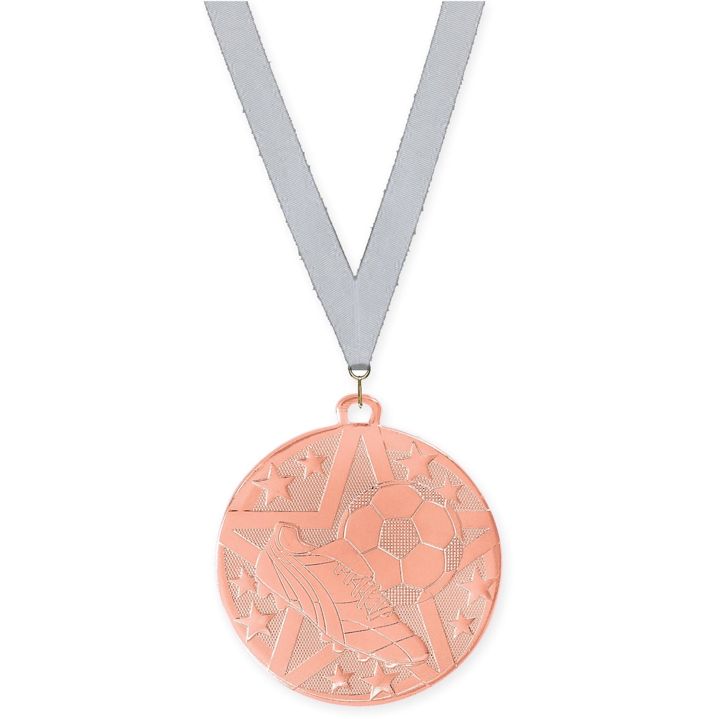 2 inch soccer Superstar medal in bronze with Silver Metallic neck ribbon