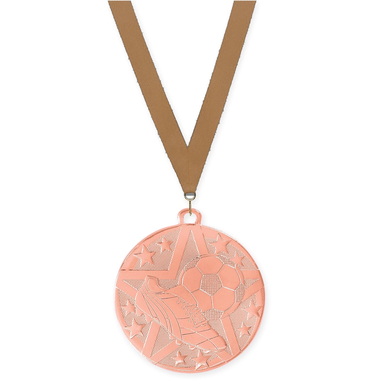 2 inch soccer Superstar medal in bronze with Bronze Metallic neck ribbon