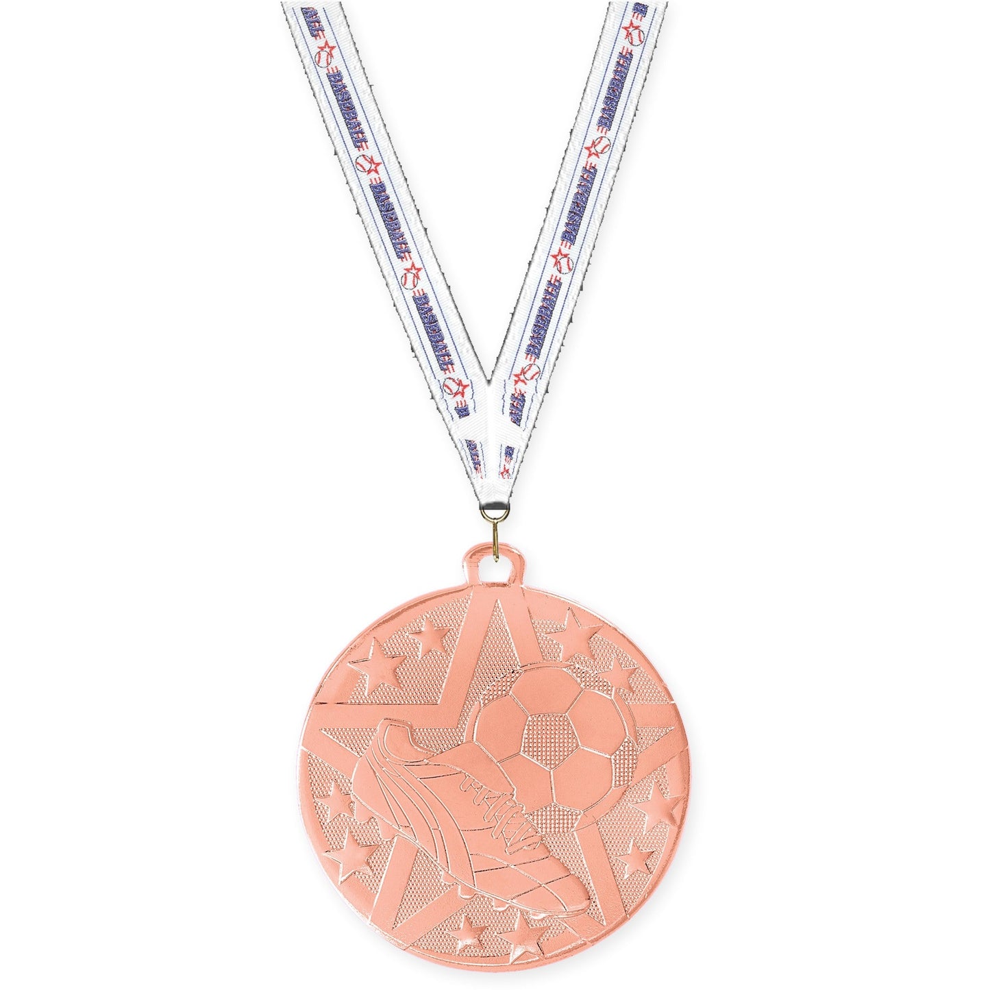 2 inch soccer Superstar medal in bronze with Baseball neck ribbon