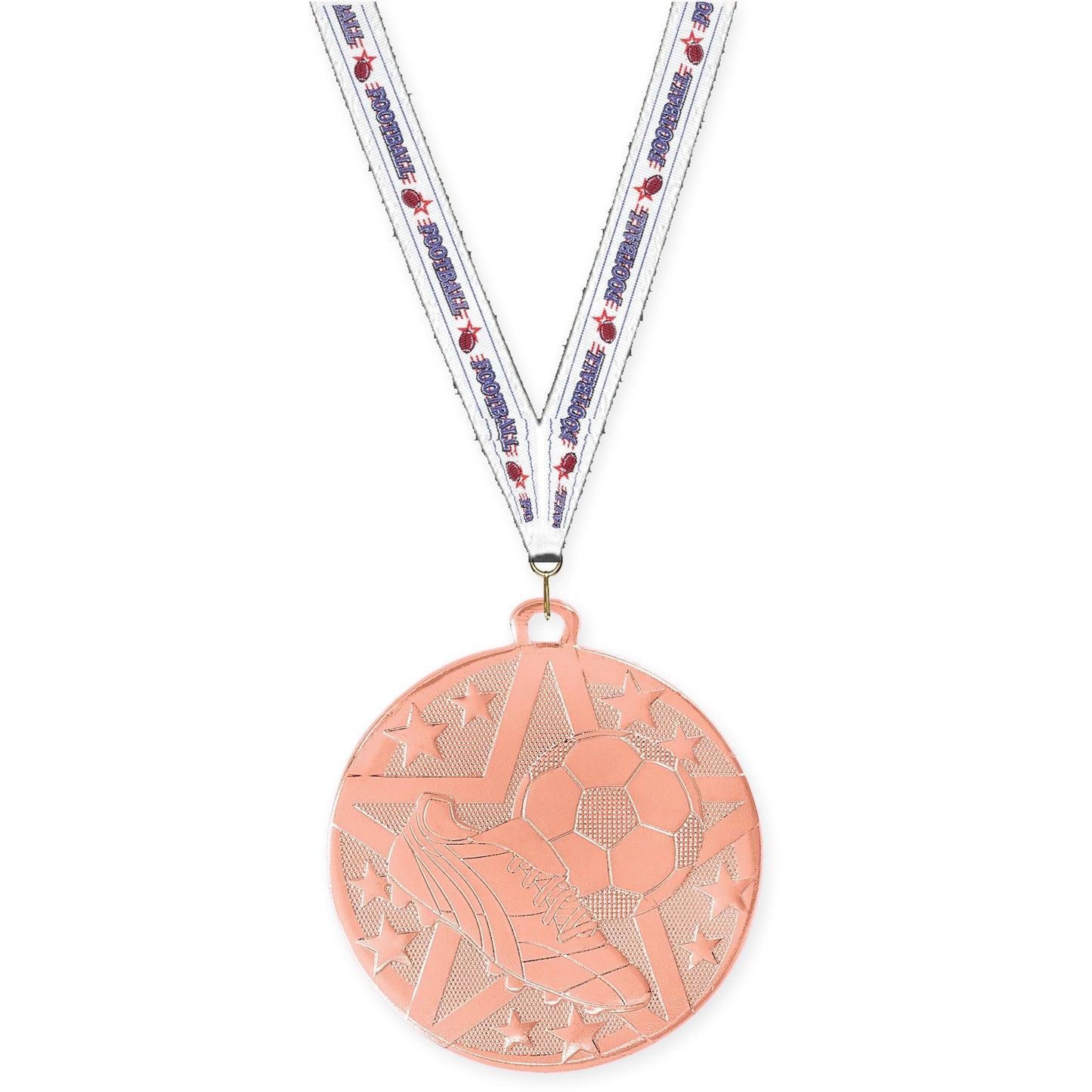 2 inch soccer Superstar medal in bronze with Football neck ribbon