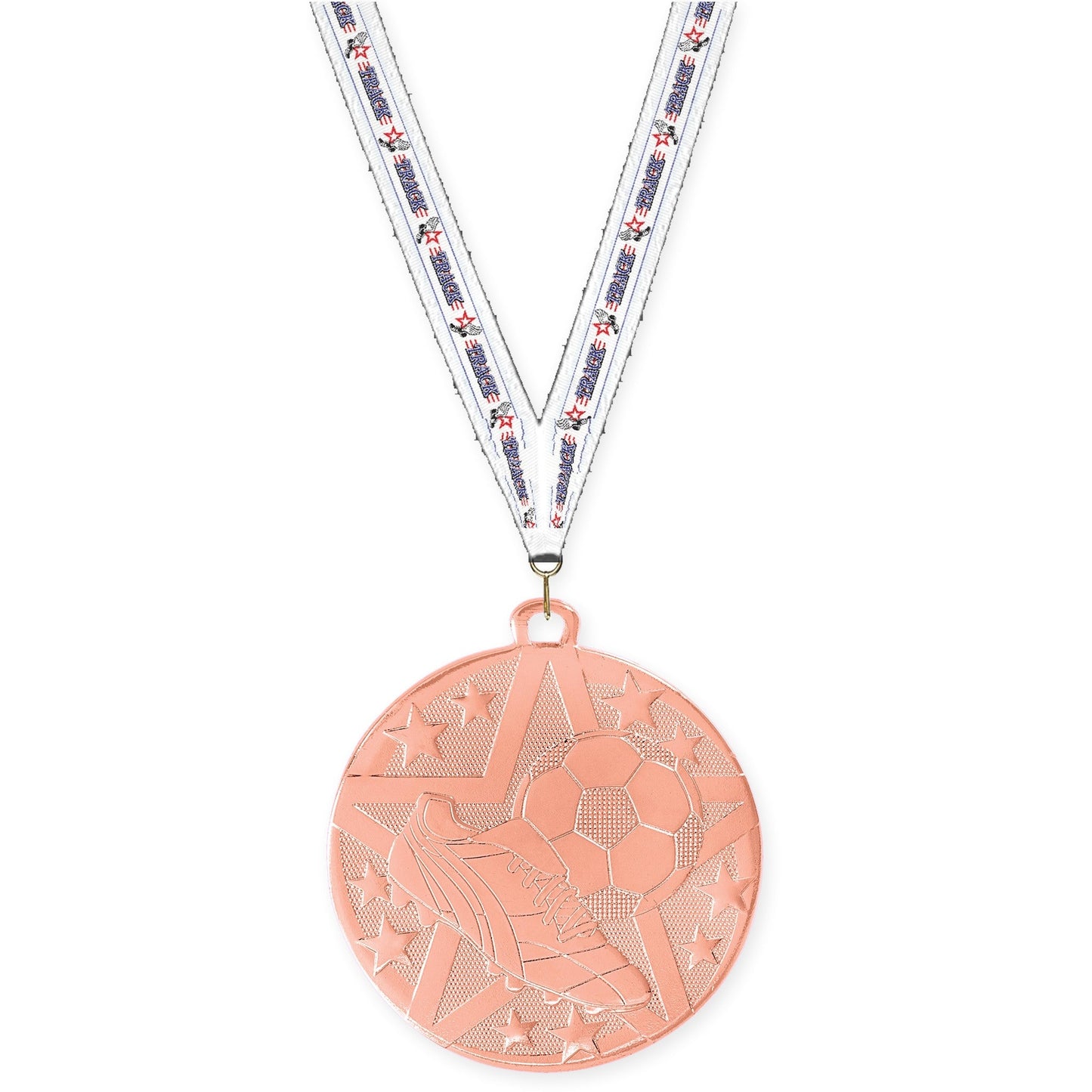 2 inch soccer Superstar medal in bronze with Track neck ribbon