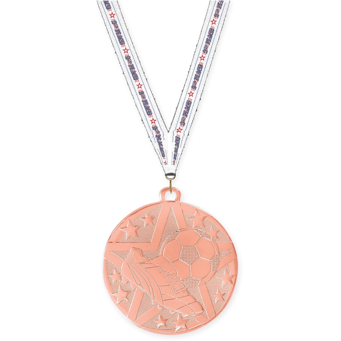 2 inch soccer Superstar medal in bronze with 2nd Place neck ribbon