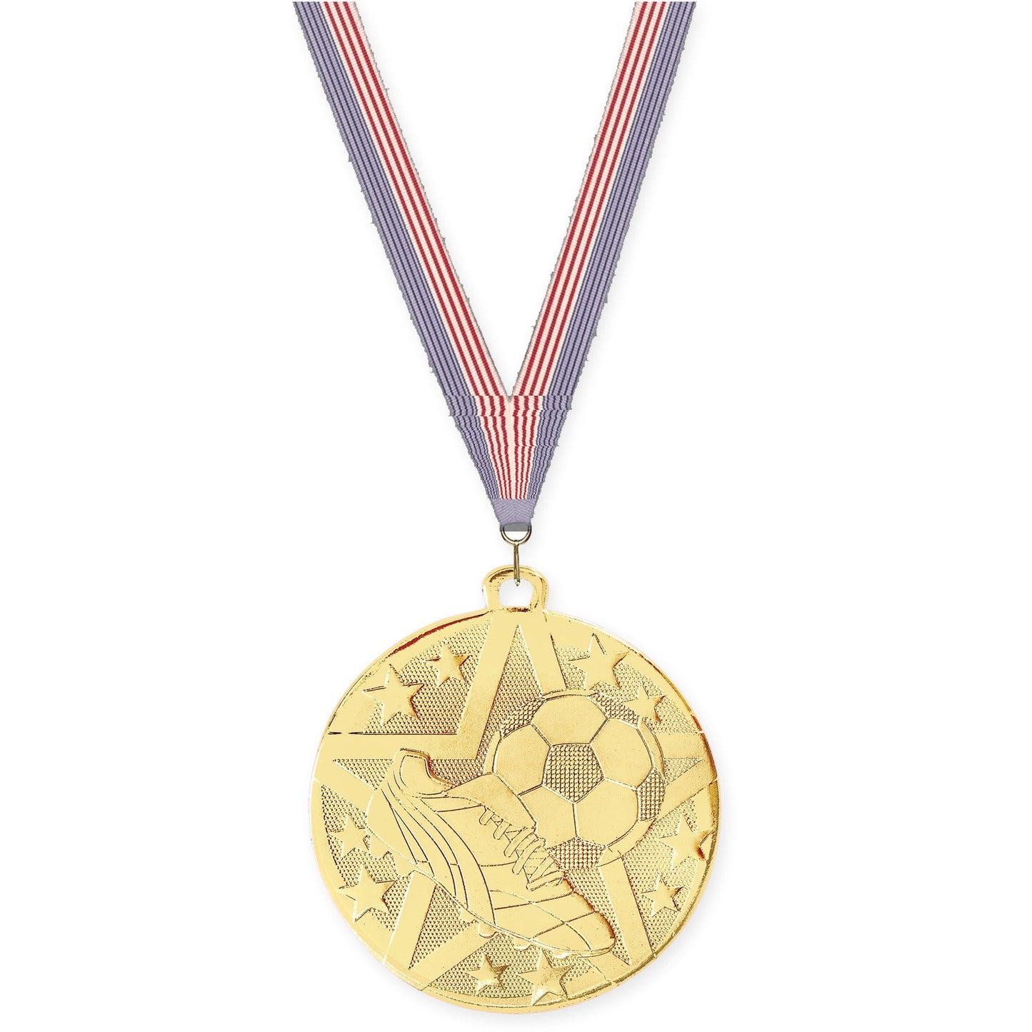 2 inch soccer Superstar medal in gold with USA Flag neck ribbon