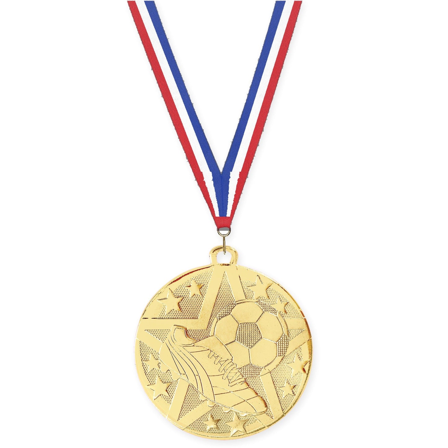 2 inch soccer Superstar medal in gold with Red White Blue neck ribbon