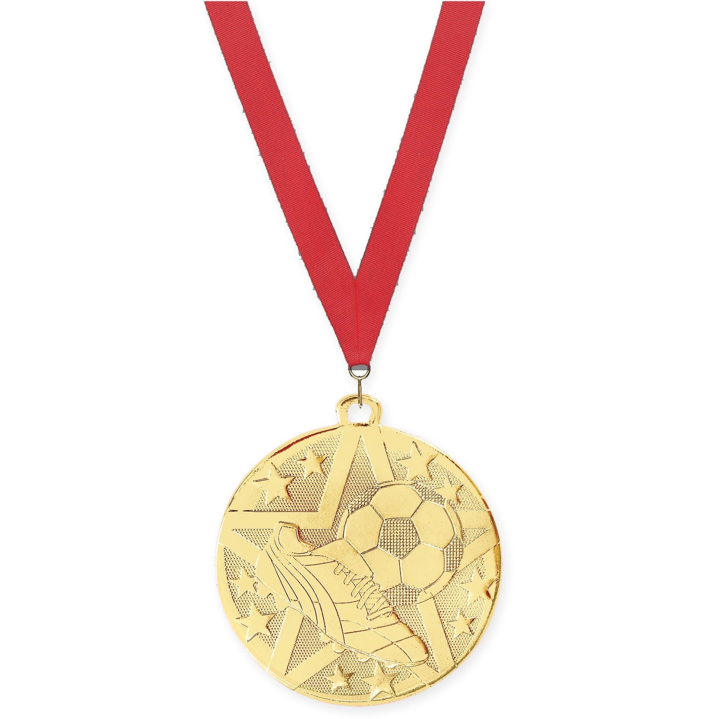 2 inch soccer Superstar medal in gold with Red neck ribbon