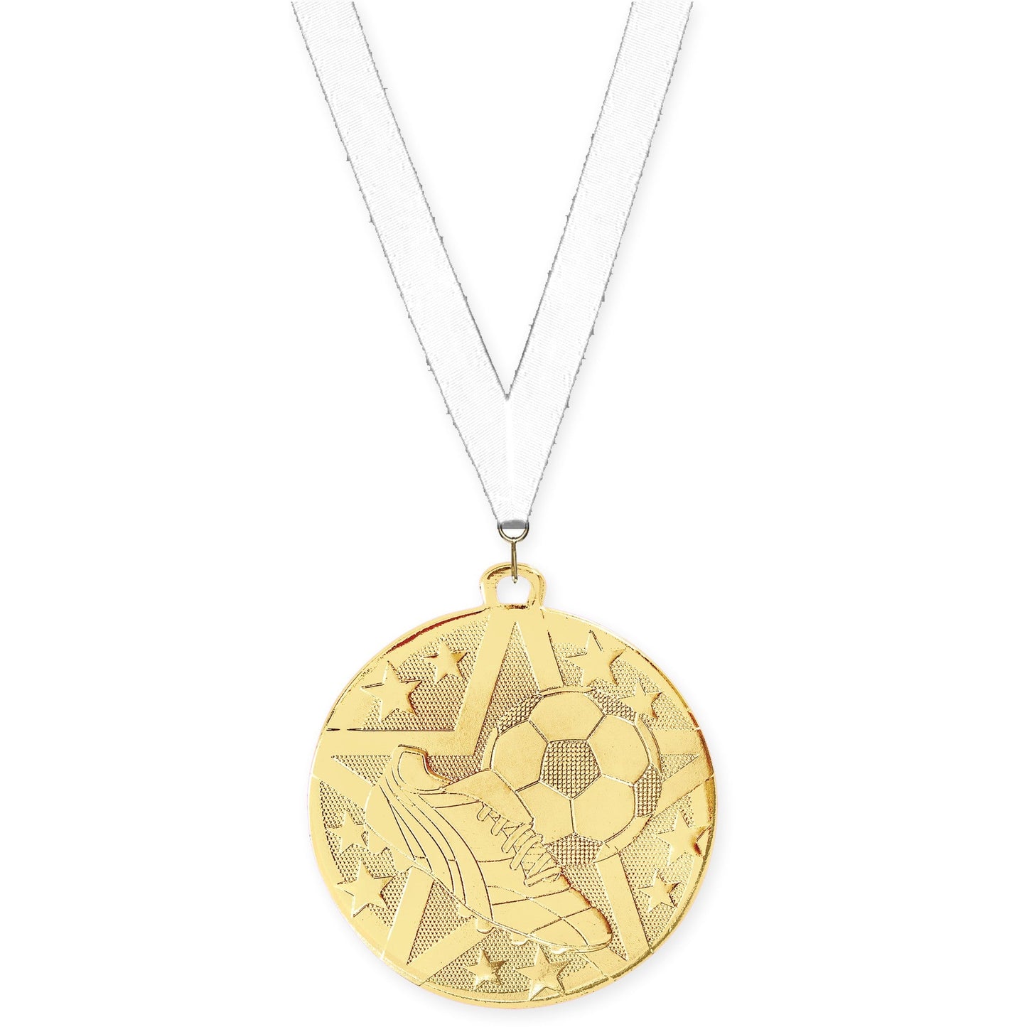 2 inch soccer Superstar medal in gold with White neck ribbon