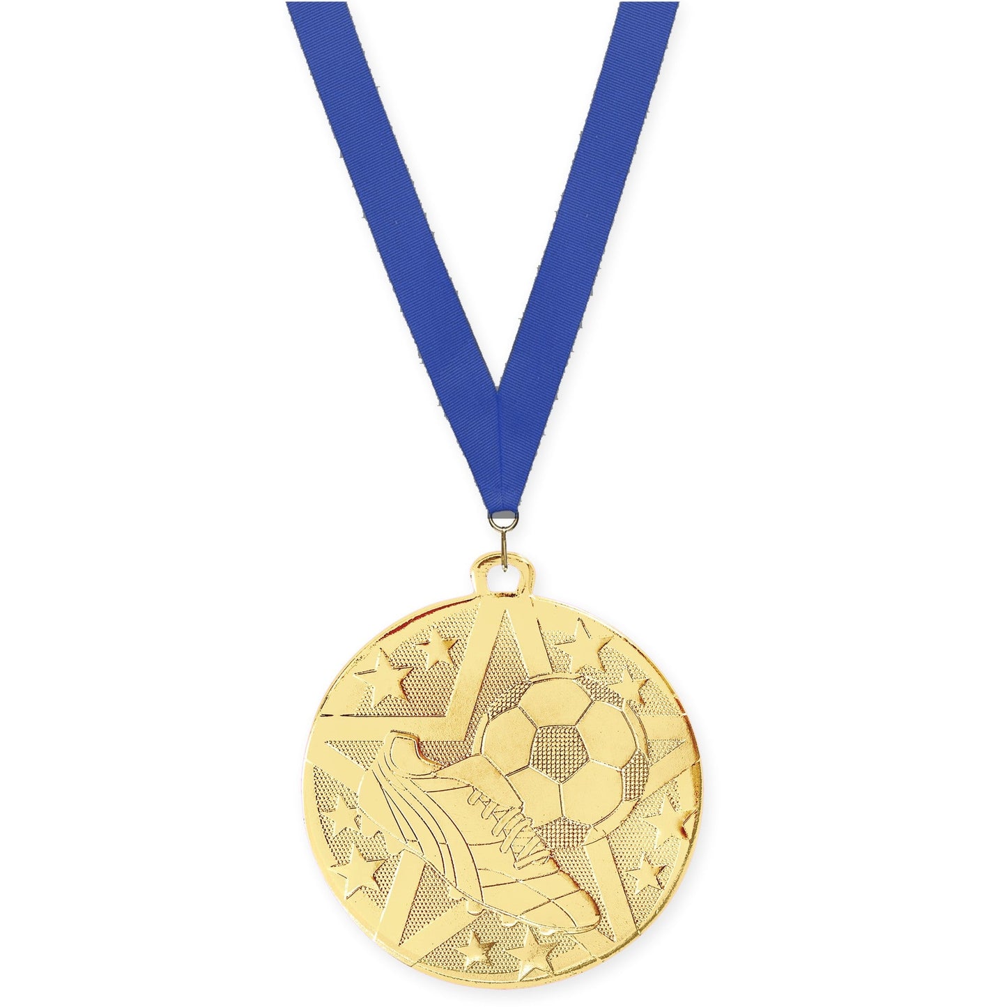 2 inch soccer Superstar medal in gold with Blue neck ribbon