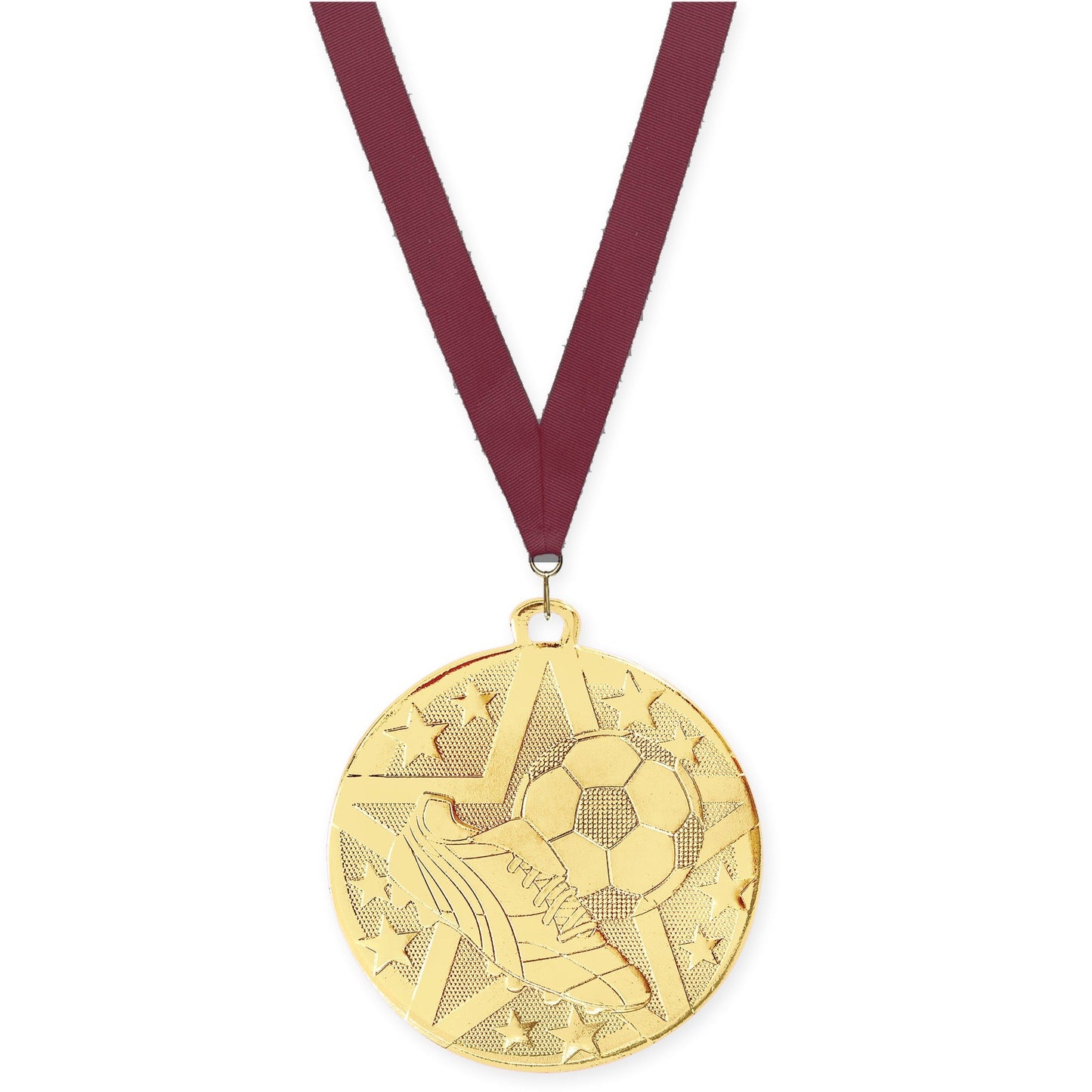 2 inch soccer Superstar medal in gold with Maroon neck ribbon