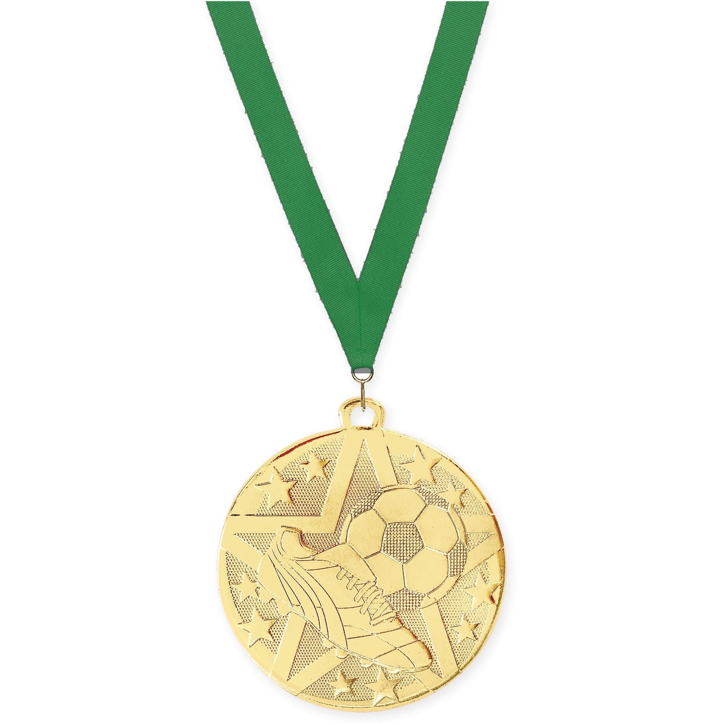 2 inch soccer Superstar medal in gold with Green neck ribbon