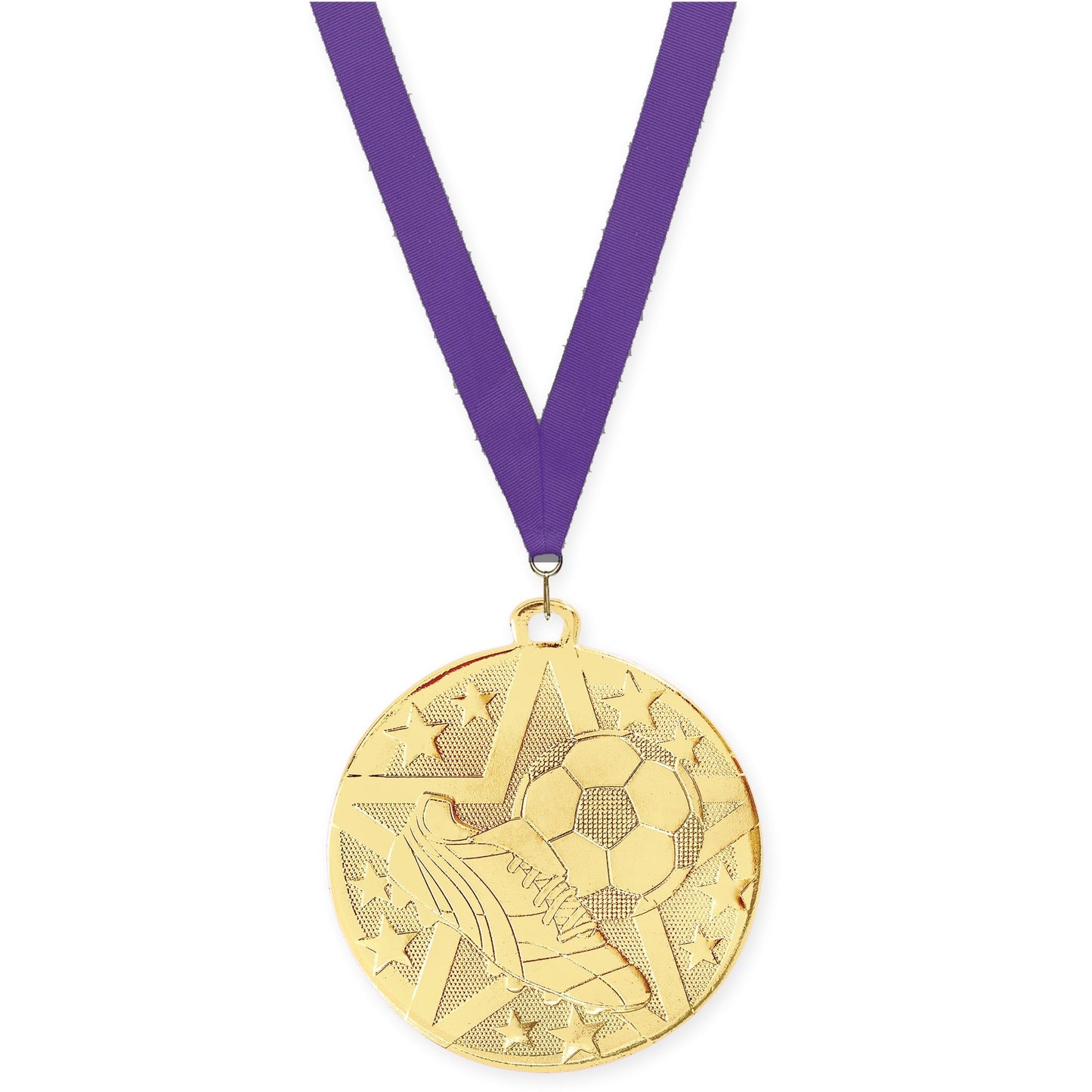 2 inch soccer Superstar medal in gold with Purple neck ribbon