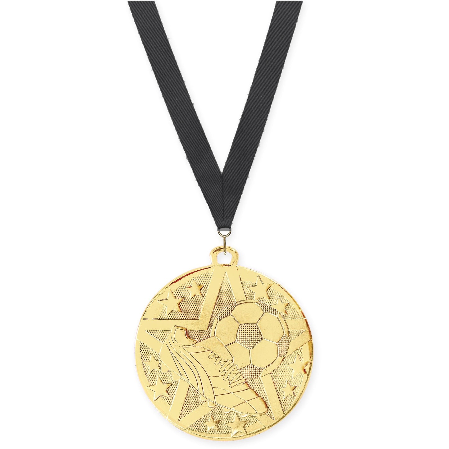 2 inch soccer Superstar medal in gold with Black neck ribbon