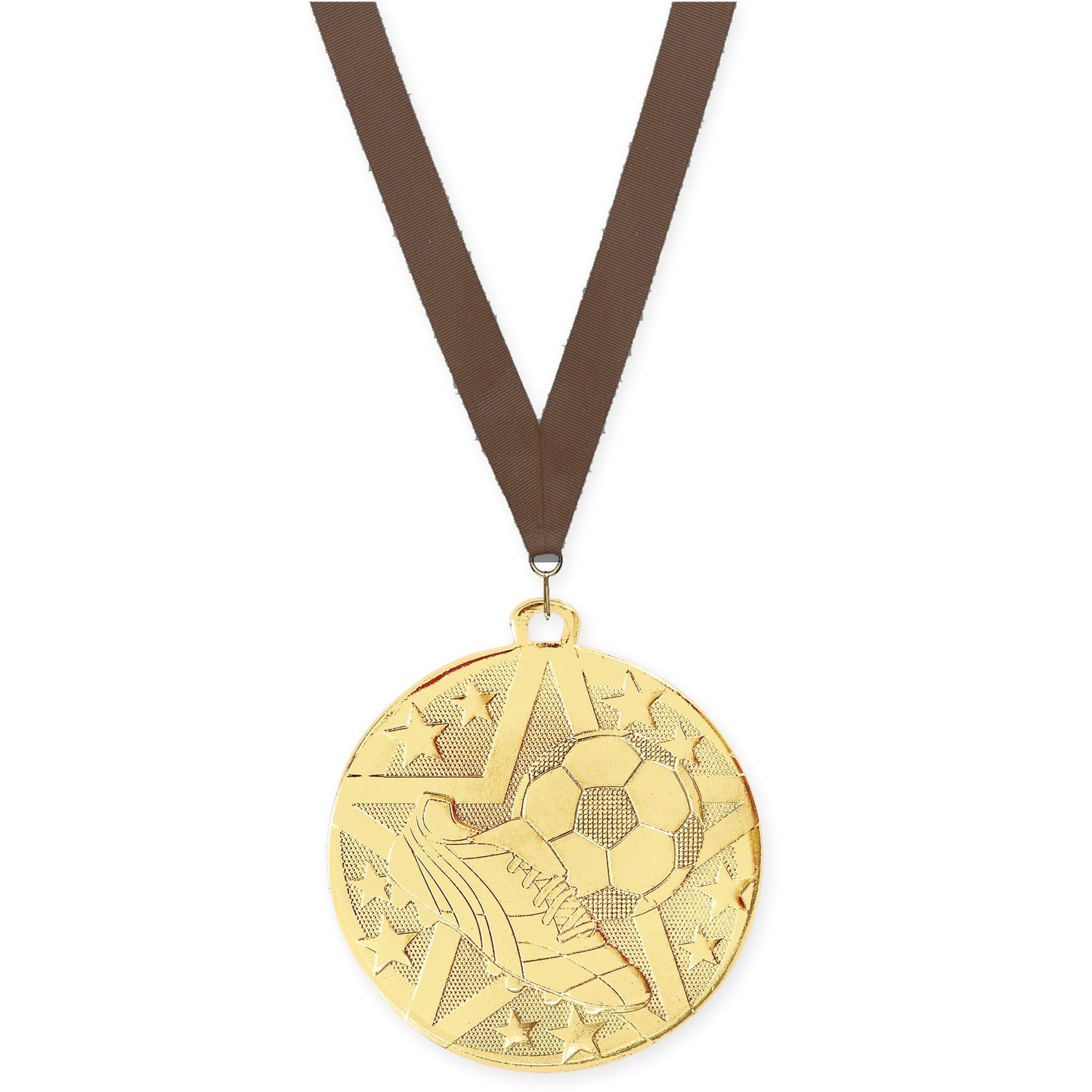 2 inch soccer Superstar medal in gold with Brown neck ribbon