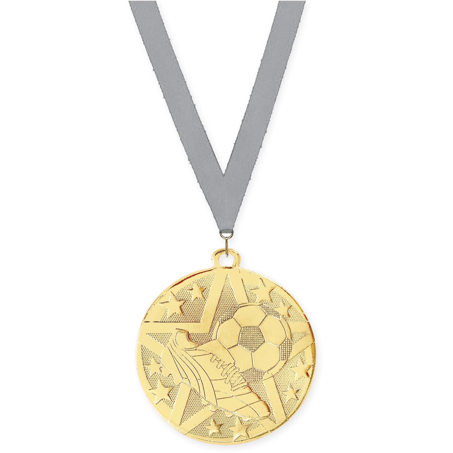 2 inch soccer Superstar medal in gold with Gray neck ribbon