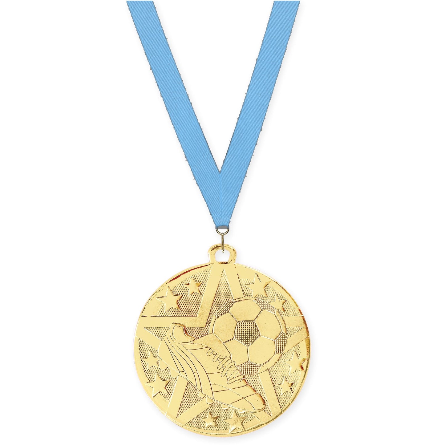 2 inch soccer Superstar medal in gold with Light Blue neck ribbon