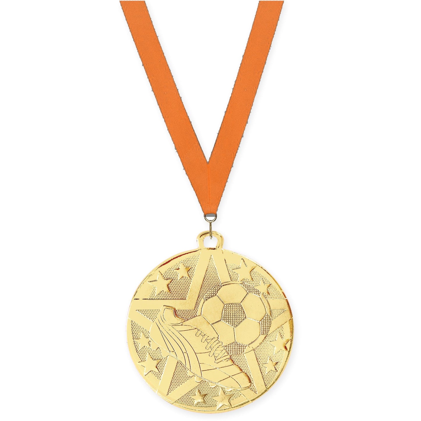 2 inch soccer Superstar medal in gold with Orange neck ribbon