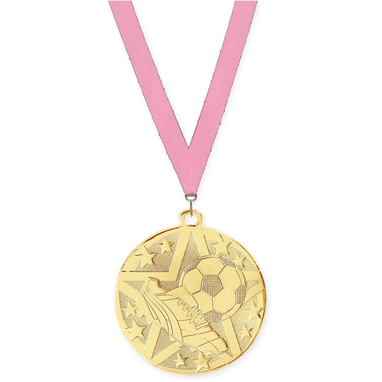 2 inch soccer Superstar medal in gold with Pink neck ribbon