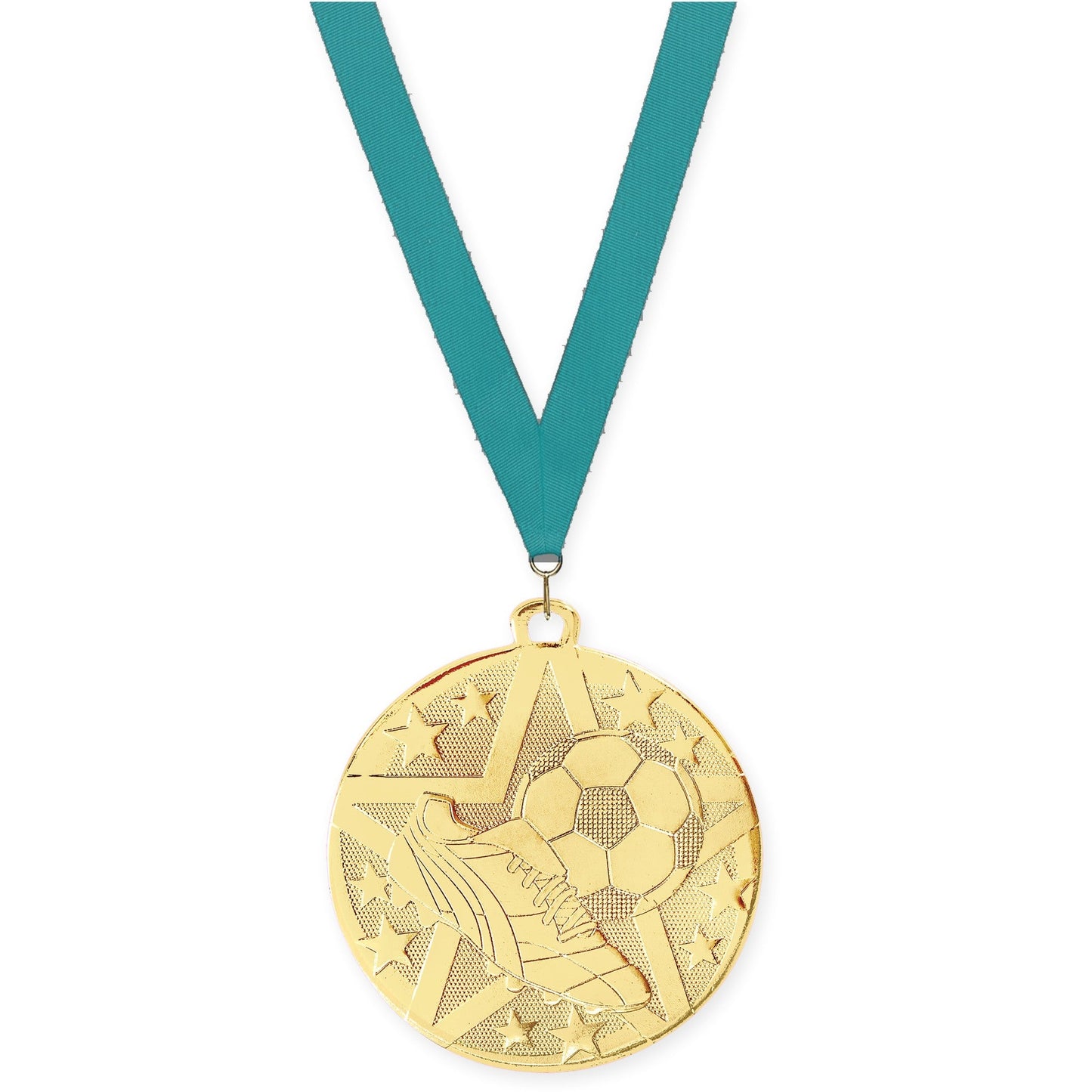 2 inch soccer Superstar medal in gold with Teal neck ribbon