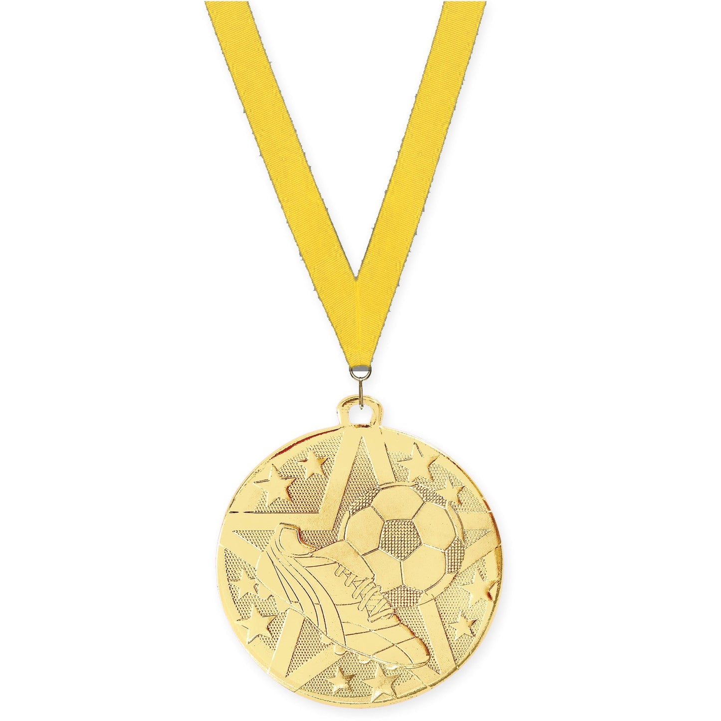 2 inch soccer Superstar medal in gold with Yellow neck ribbon