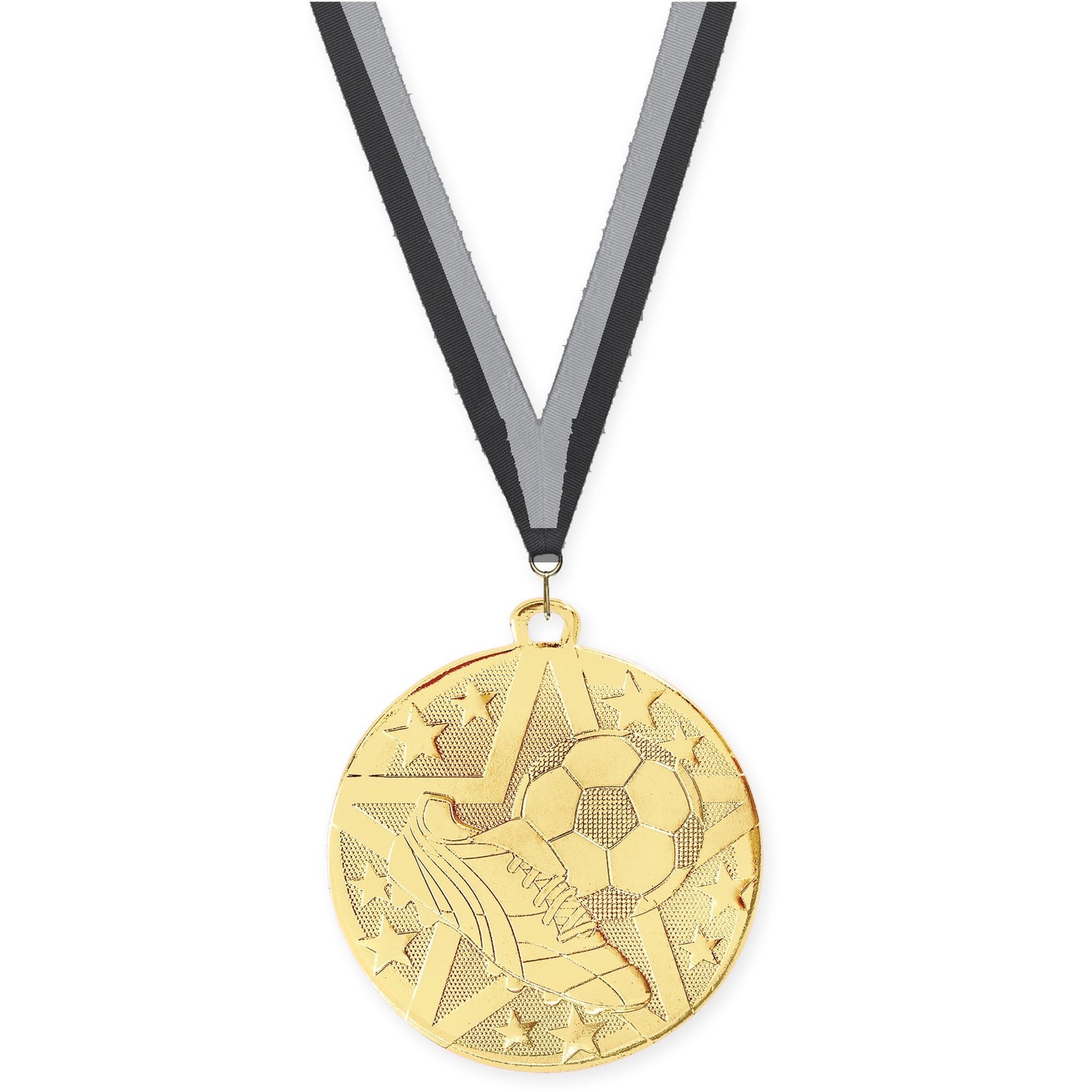 2 inch soccer Superstar medal in gold with Black Gray neck ribbon