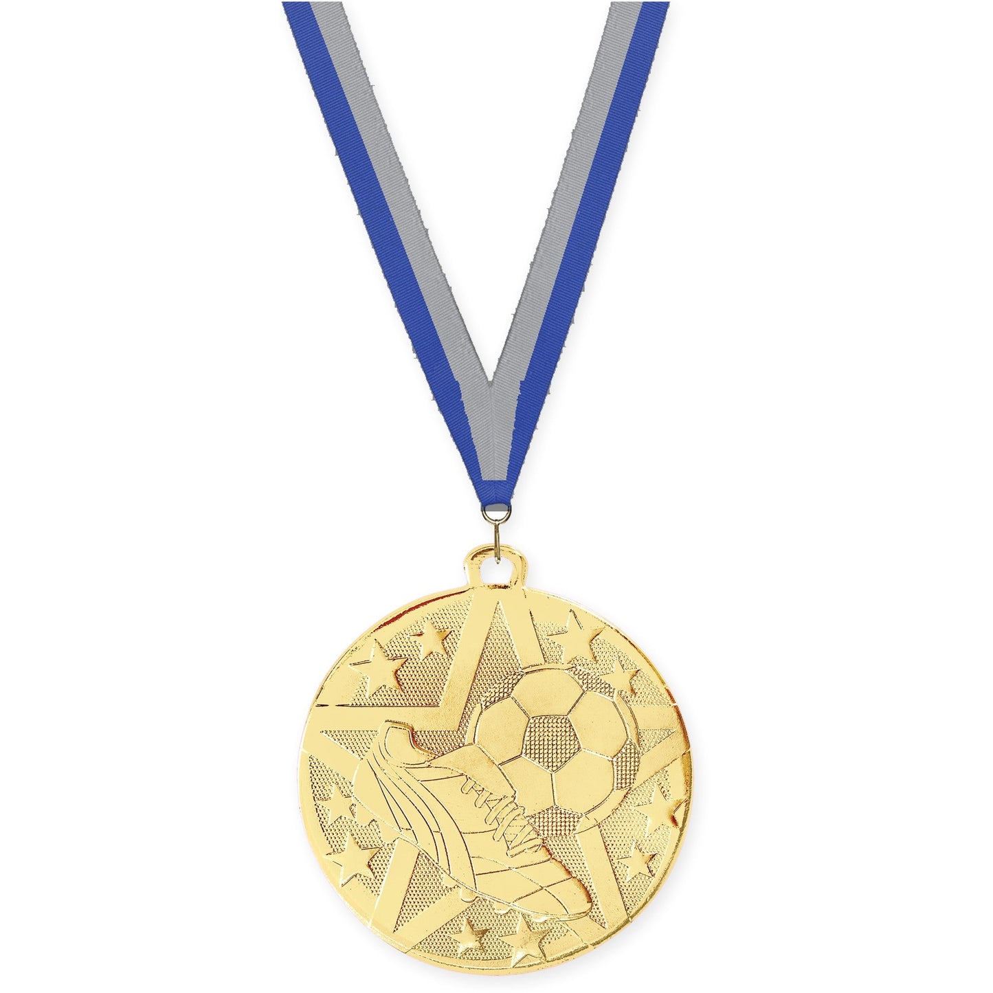 2 inch soccer Superstar medal in gold with Blue Gray neck ribbon