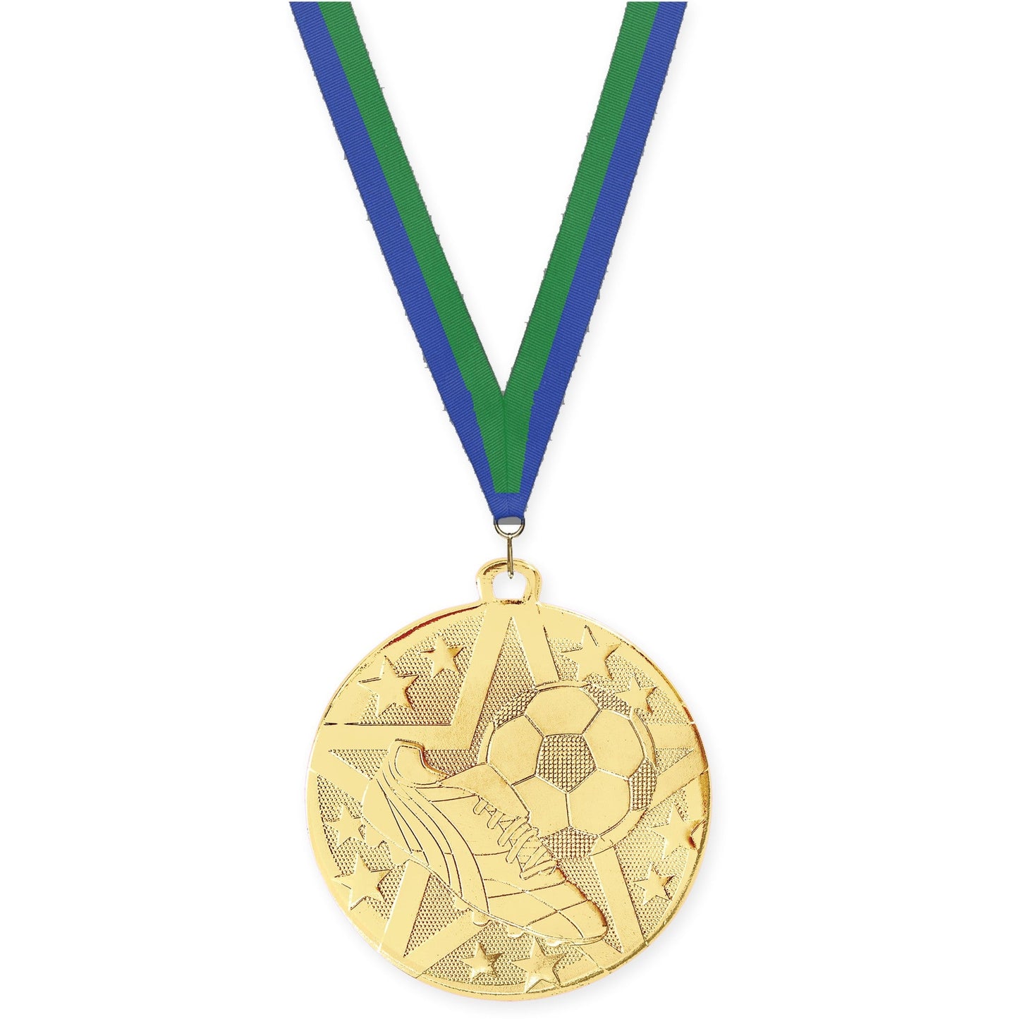2 inch soccer Superstar medal in gold with Blue Green neck ribbon
