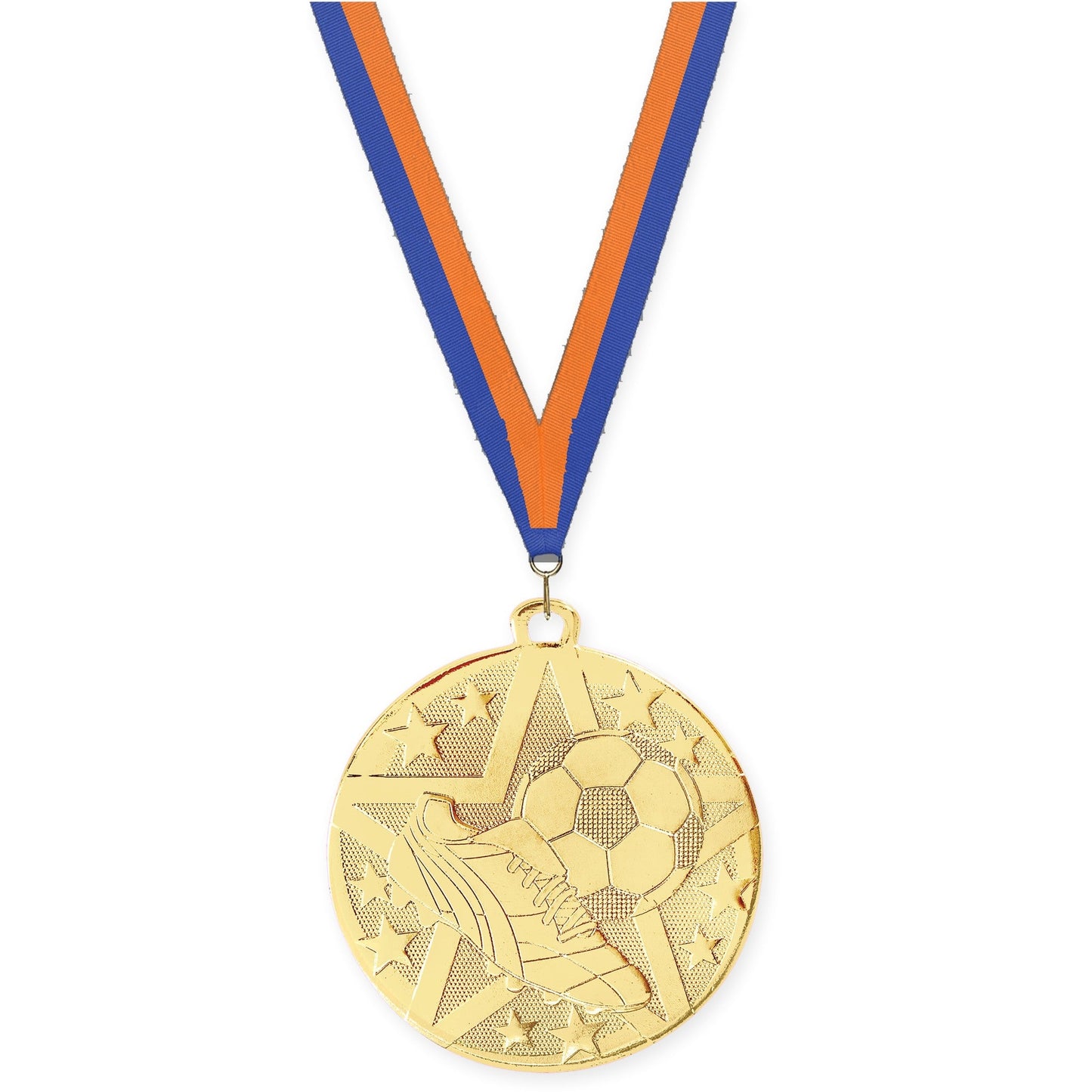 2 inch soccer Superstar medal in gold with Blue Orange neck ribbon