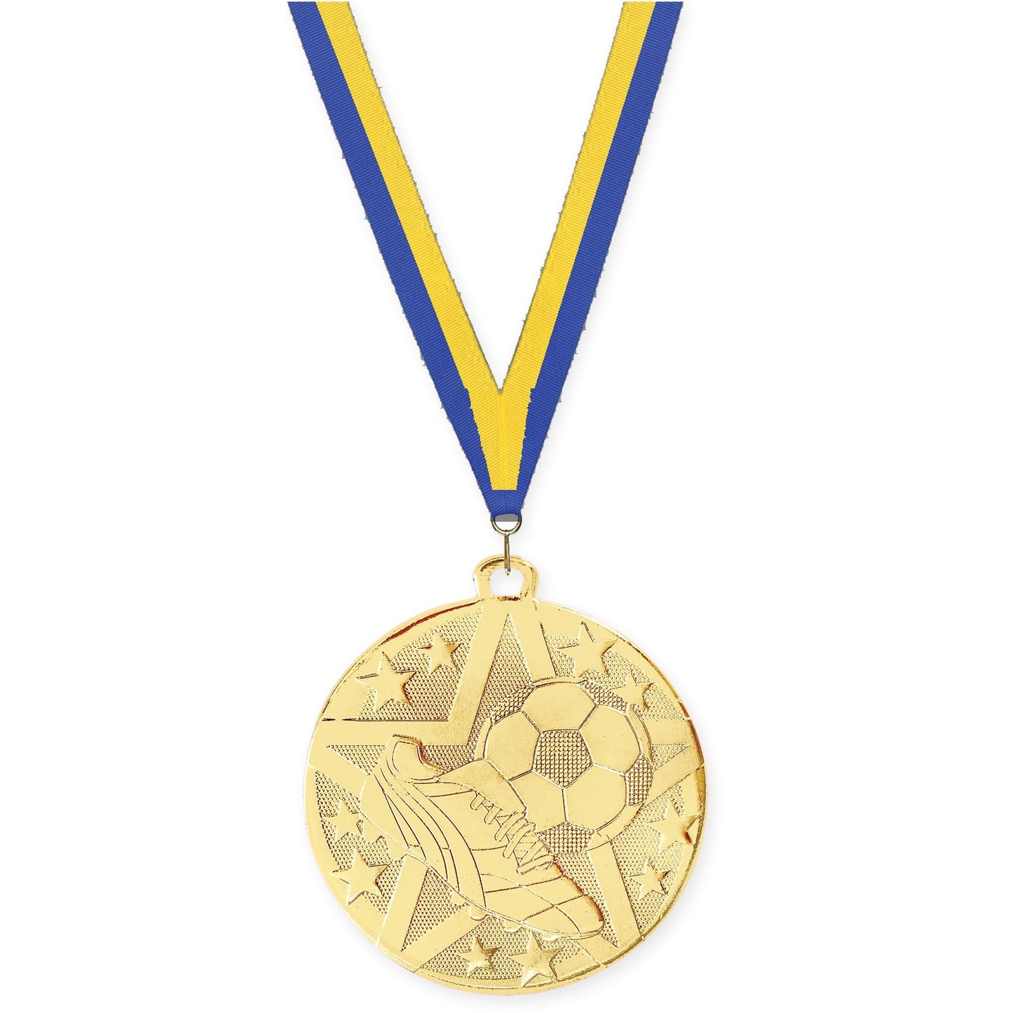 2 inch soccer Superstar medal in gold with Blue Yellow neck ribbon