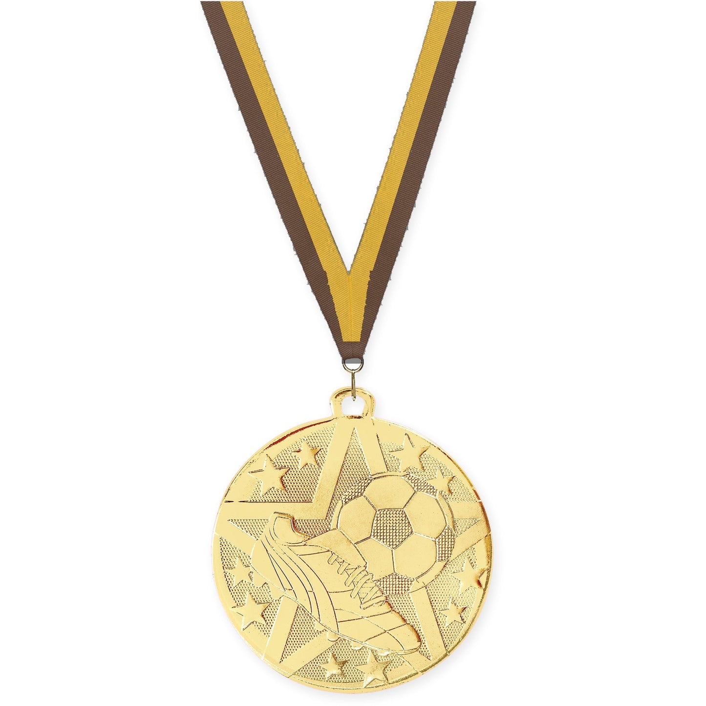 2 inch soccer Superstar medal in gold with Brown Gold neck ribbon