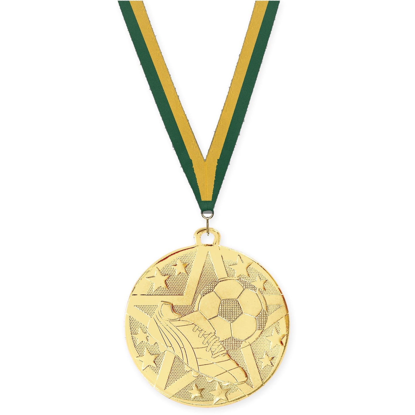 2 inch soccer Superstar medal in gold with Hunter Green Gold neck ribbon