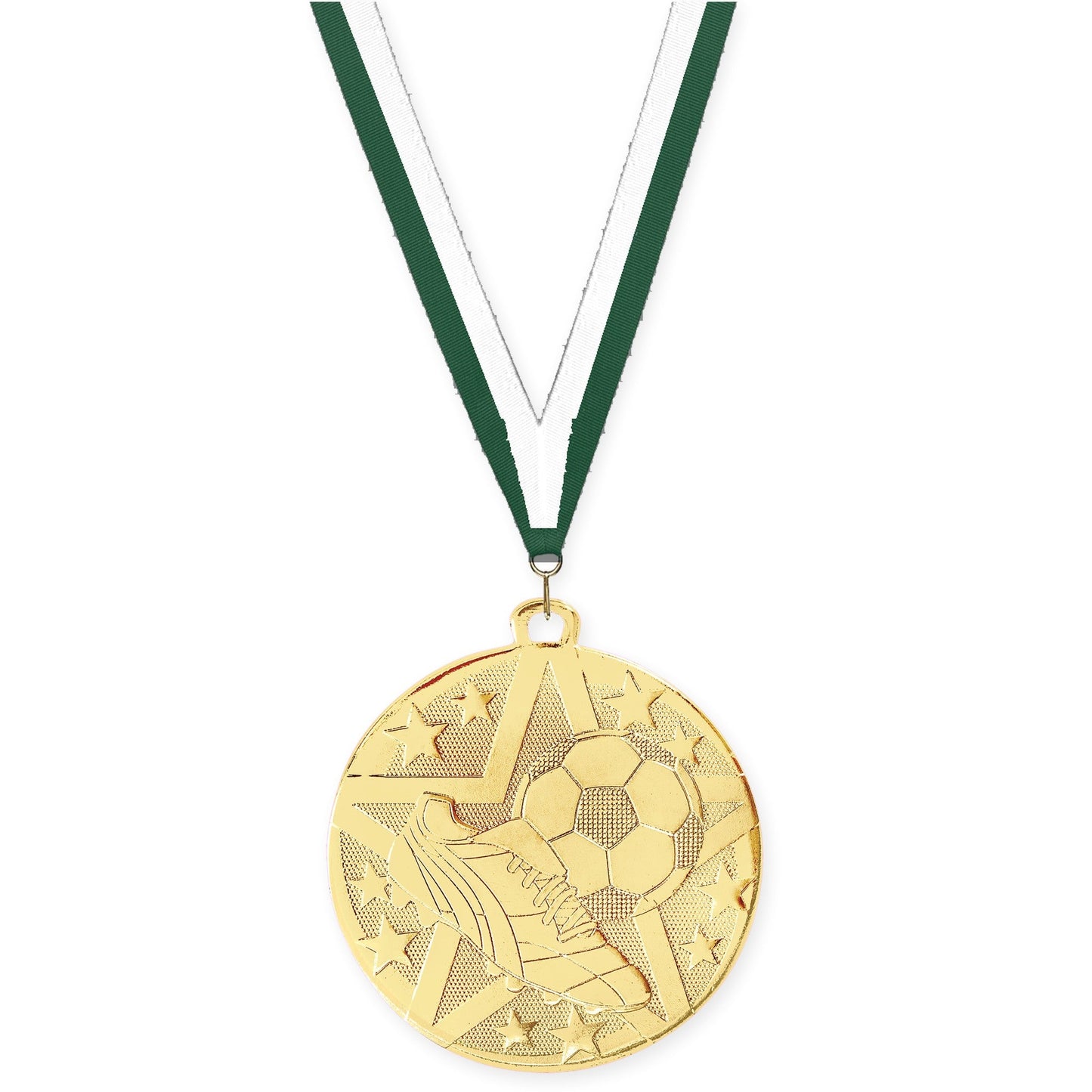 2 inch soccer Superstar medal in gold with Hunter Green White neck ribbon