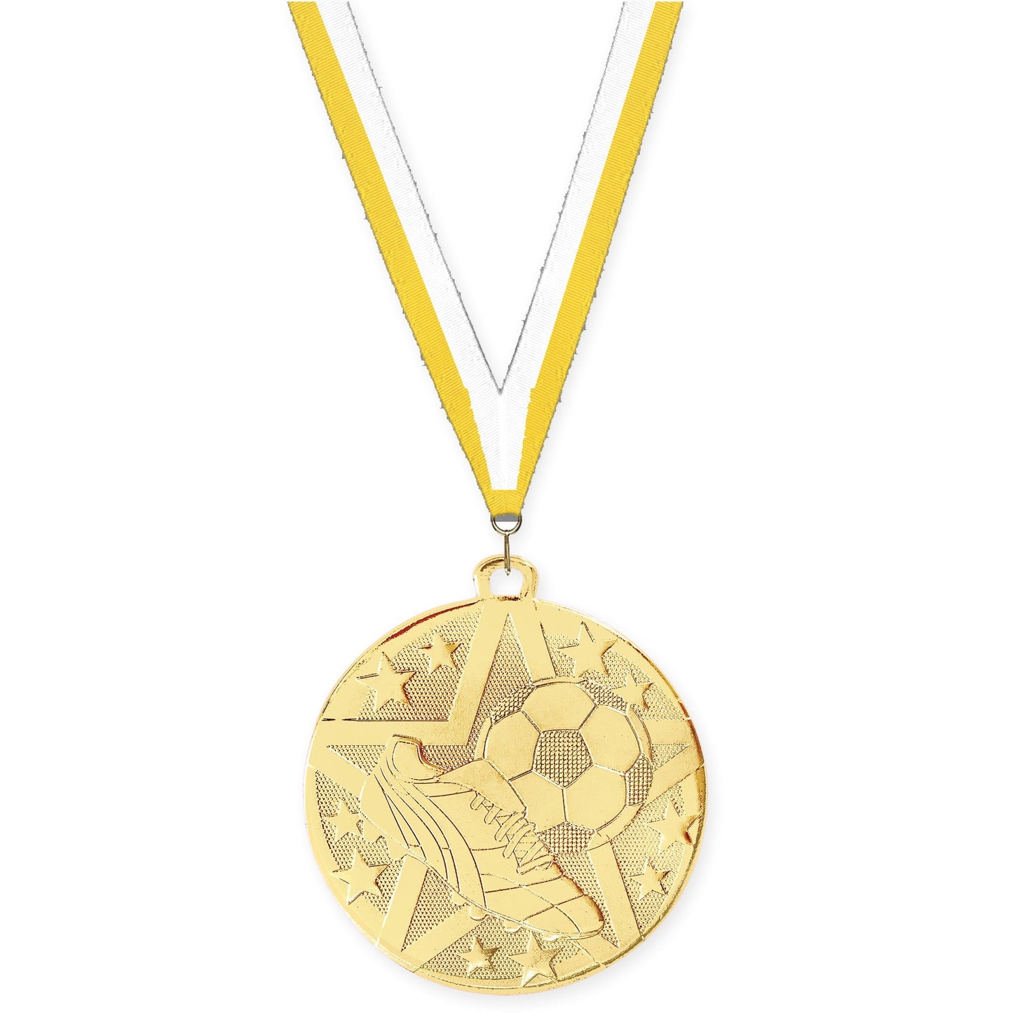 2 inch soccer Superstar medal in gold with Yellow White neck ribbon