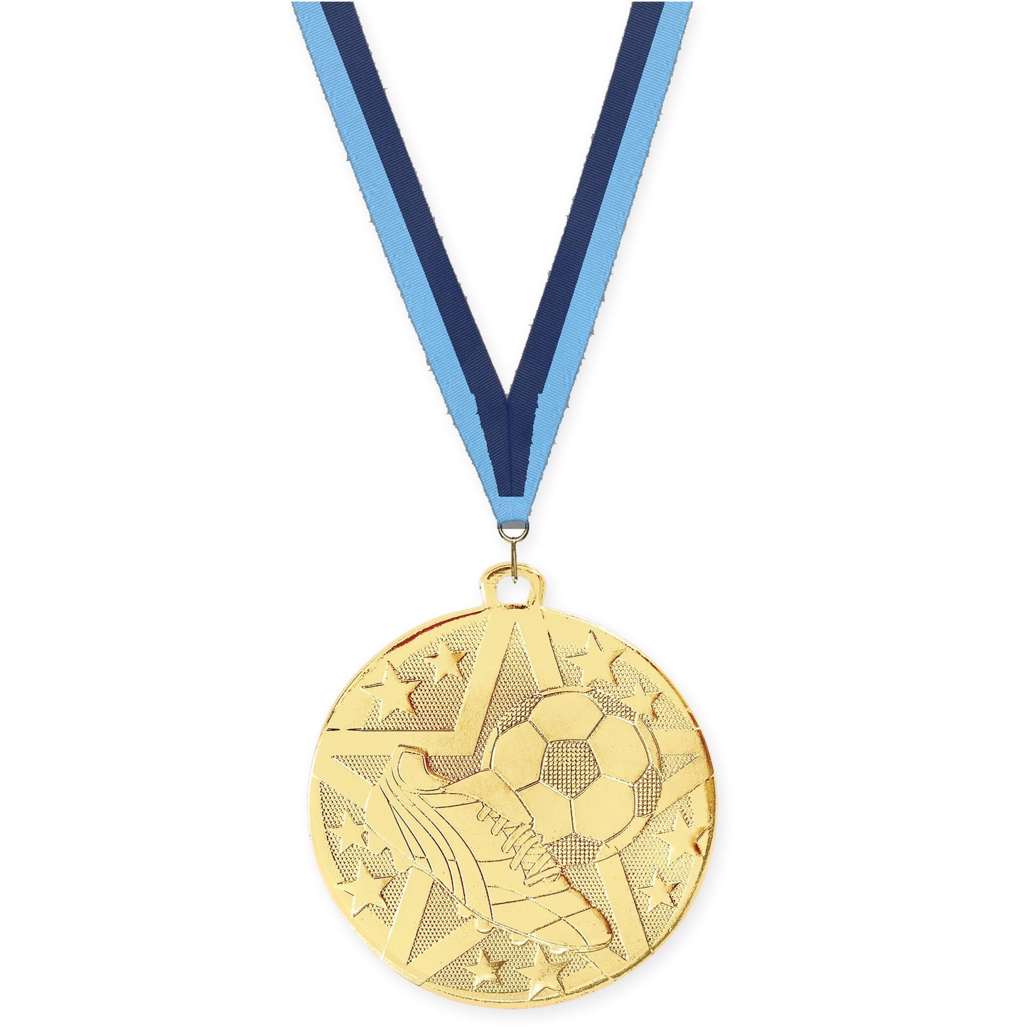 2 inch soccer Superstar medal in gold with Light Blue Navy neck ribbon