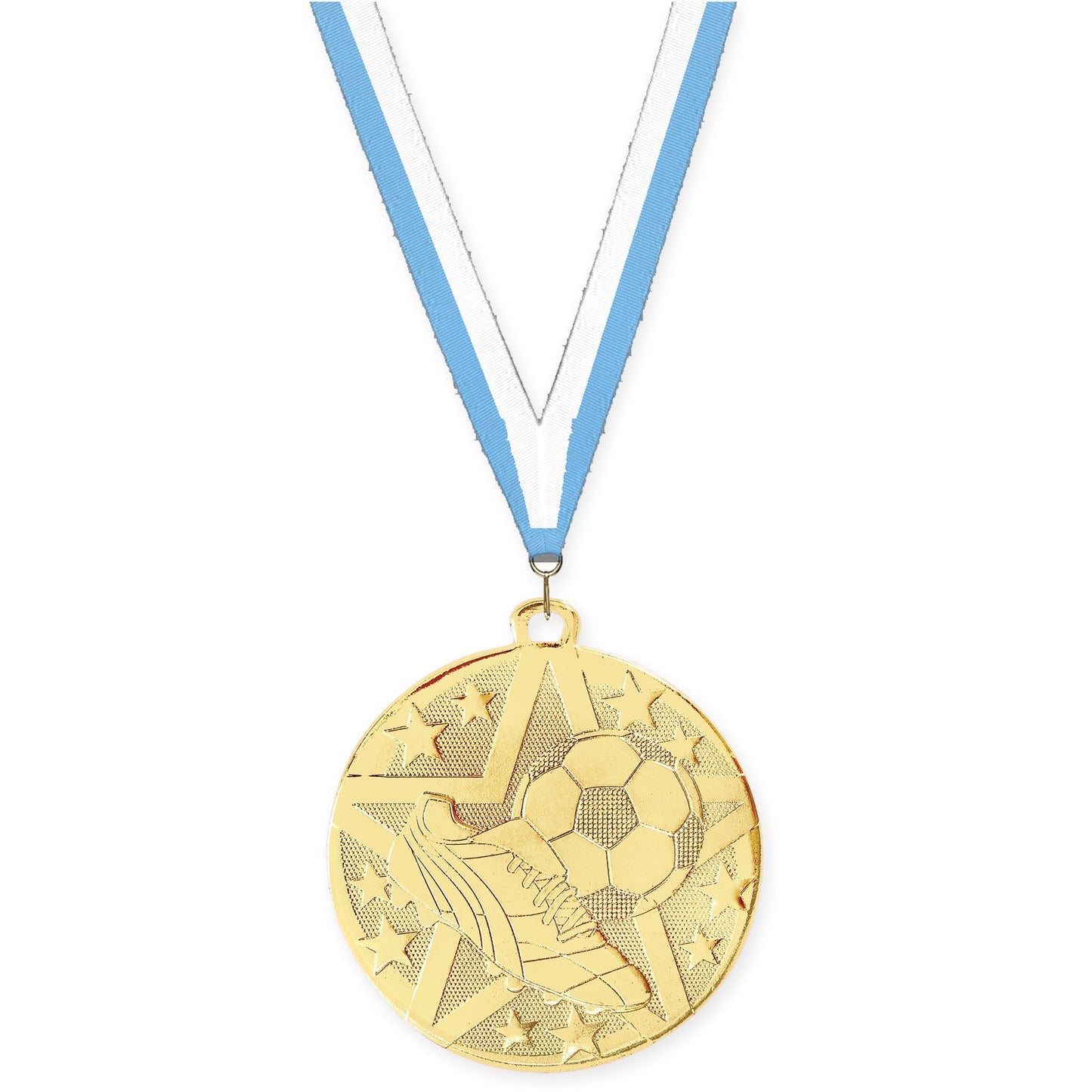 2 inch soccer Superstar medal in gold with Light Blue White neck ribbon