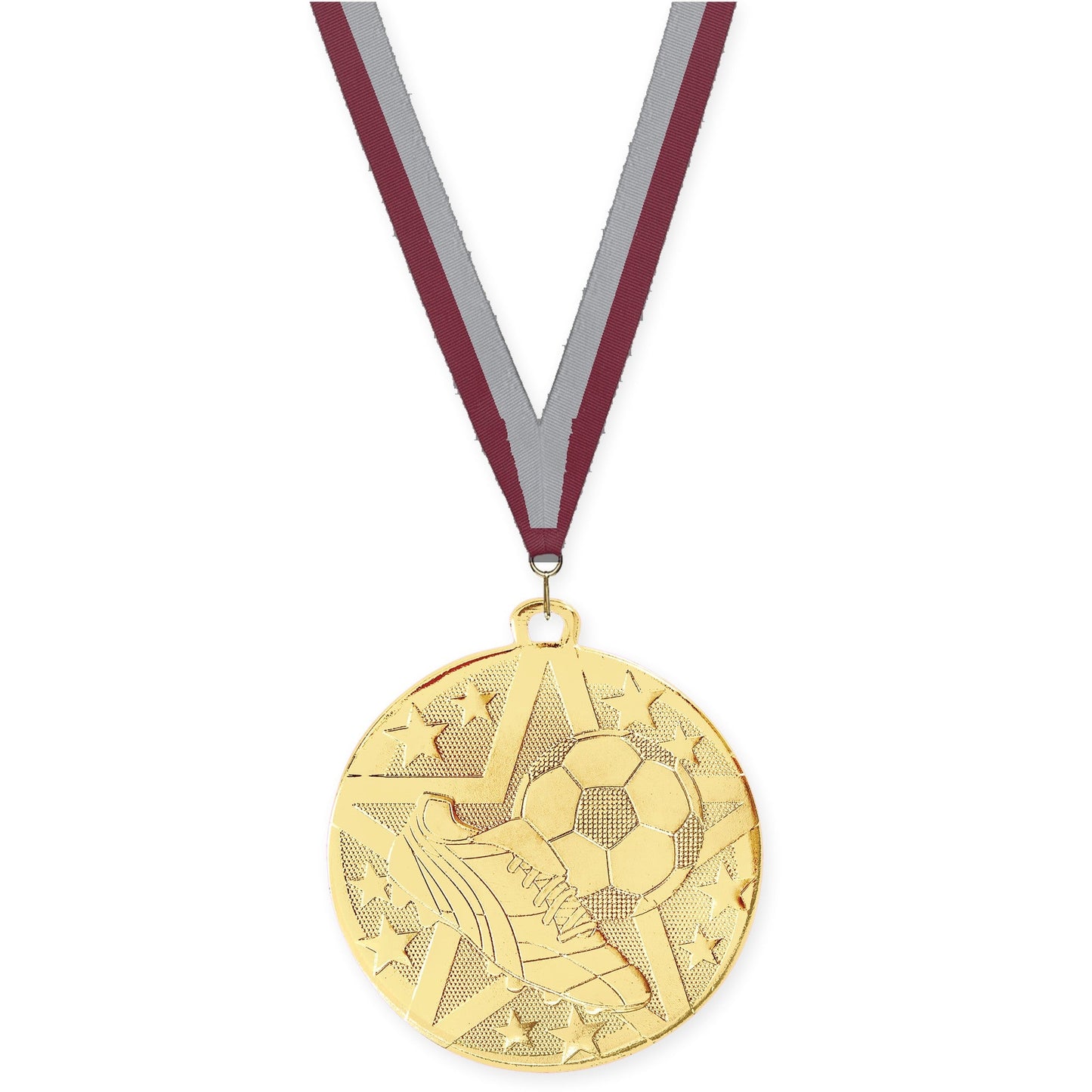 2 inch soccer Superstar medal in gold with Maroon Gray neck ribbon