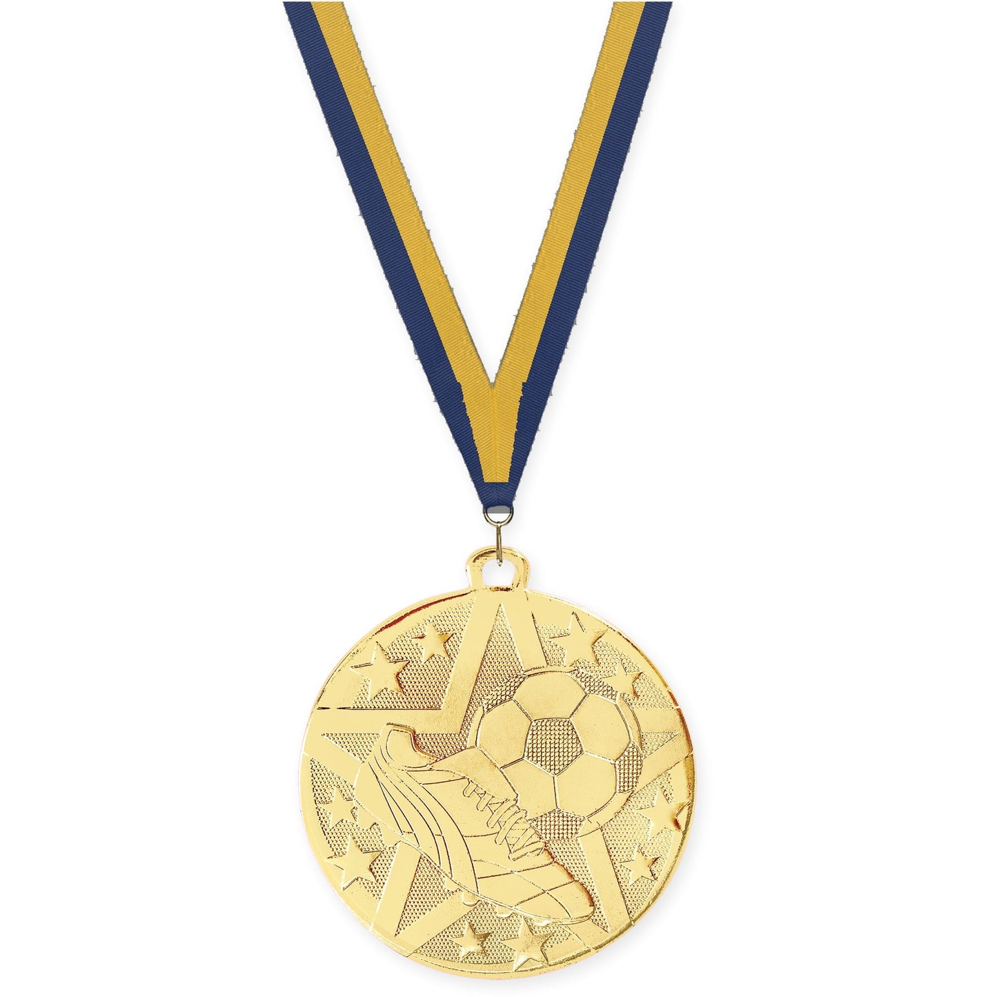 2 inch soccer Superstar medal in gold with Navy Gold neck ribbon