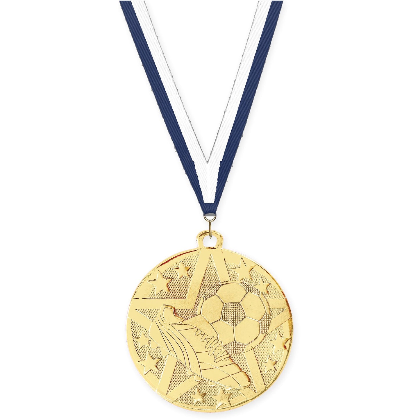 2 inch soccer Superstar medal in gold with Navy White neck ribbon