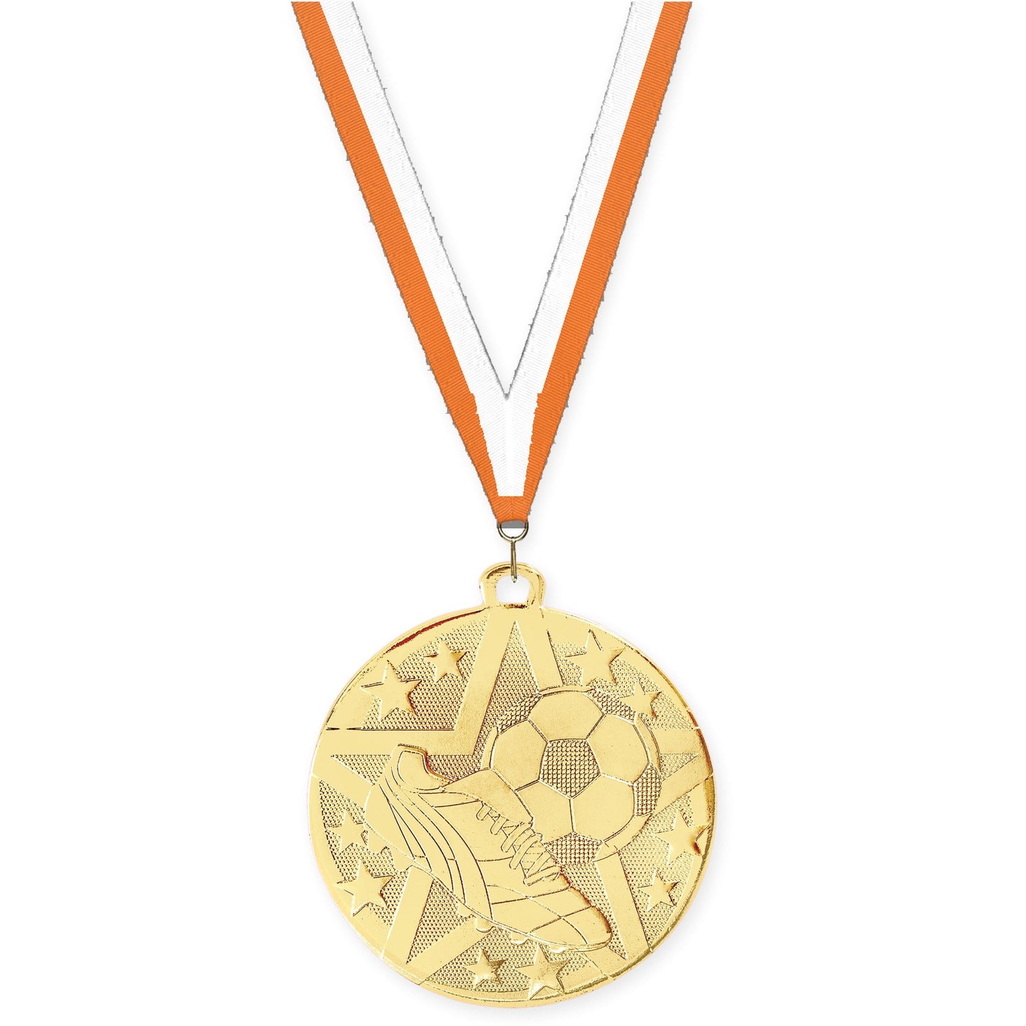 2 inch soccer Superstar medal in gold with Orange White neck ribbon