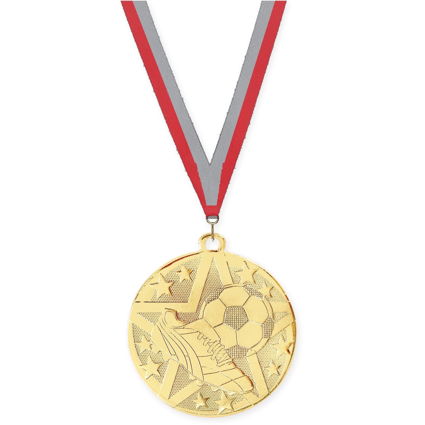 2 inch soccer Superstar medal in gold with Red Gray neck ribbon