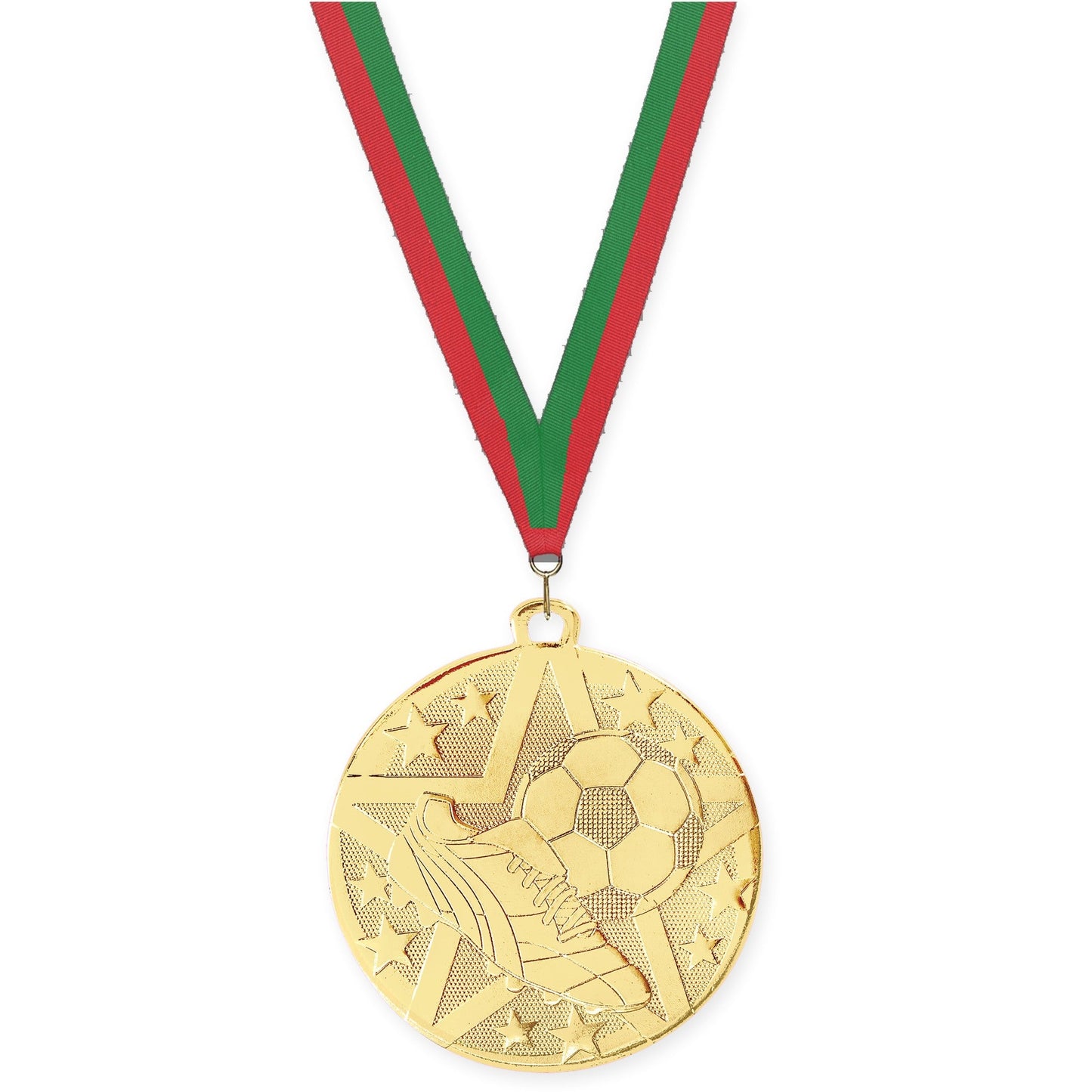 2 inch soccer Superstar medal in gold with Red Green neck ribbon