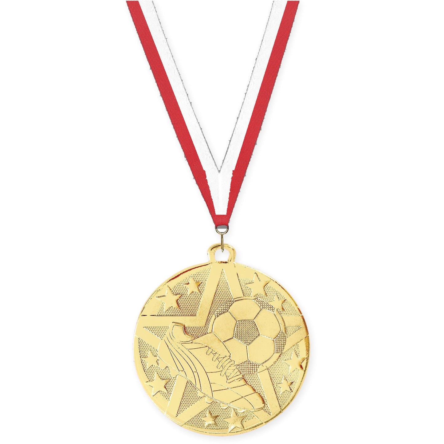 2 inch soccer Superstar medal in gold with Red White neck ribbon