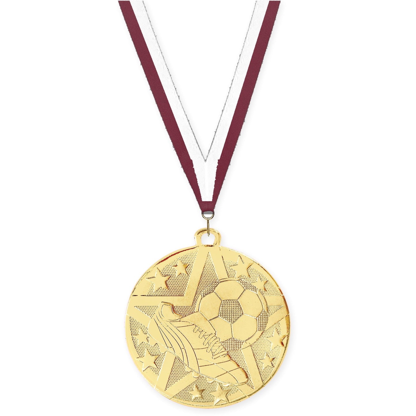 2 inch soccer Superstar medal in gold with Maroon White neck ribbon