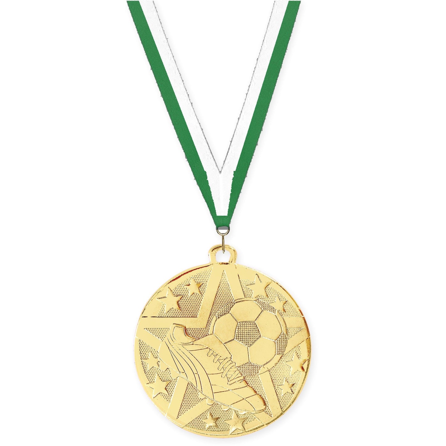 2 inch soccer Superstar medal in gold with Green White neck ribbon