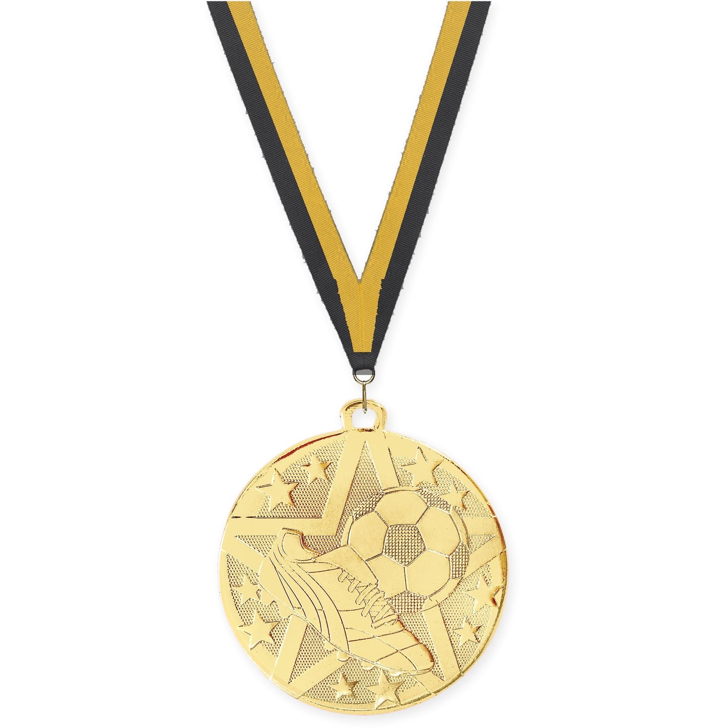 2 inch soccer Superstar medal in gold with Black Gold neck ribbon